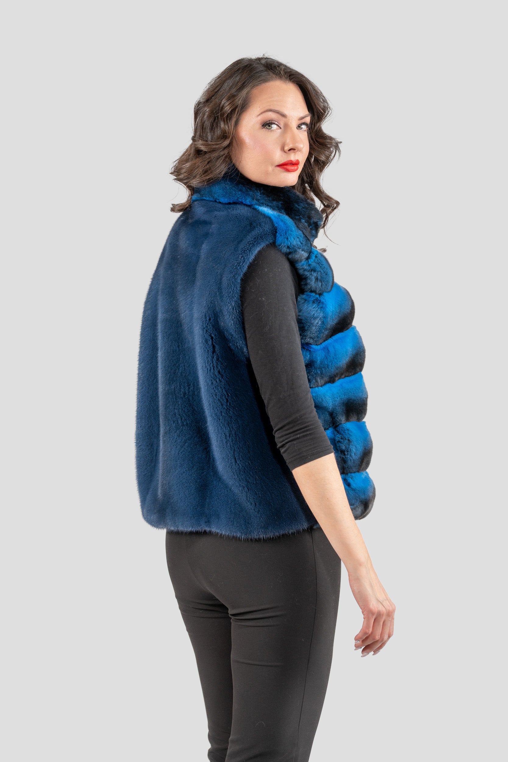 Bluejean Chinchilla Fur Vest with Stand Collar and Mink Trim P/K2201