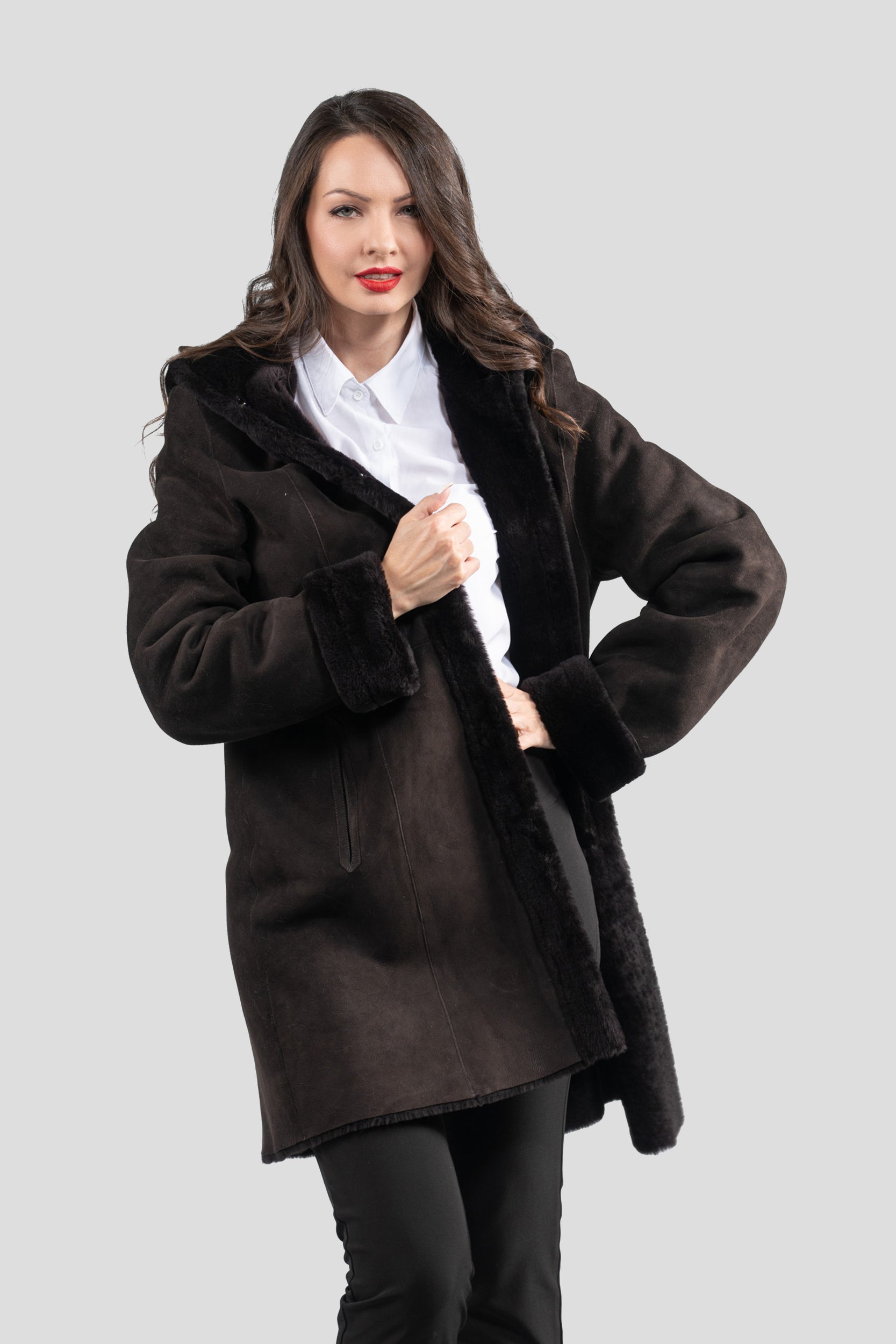 Hooded Brown Half Coat In Spanish Merino 207H