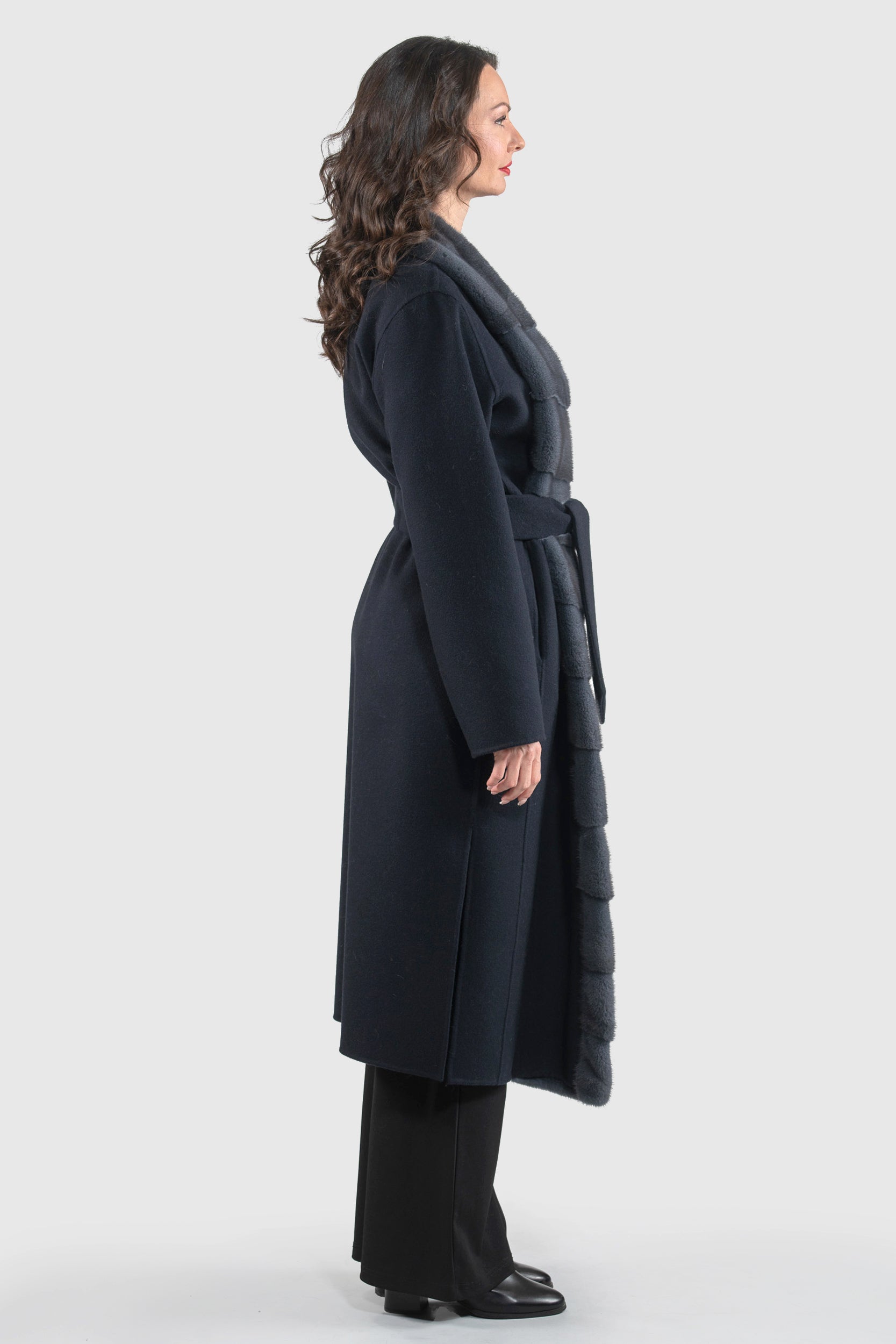 Blue Black Cashmere Coat with Mink Trim 3321