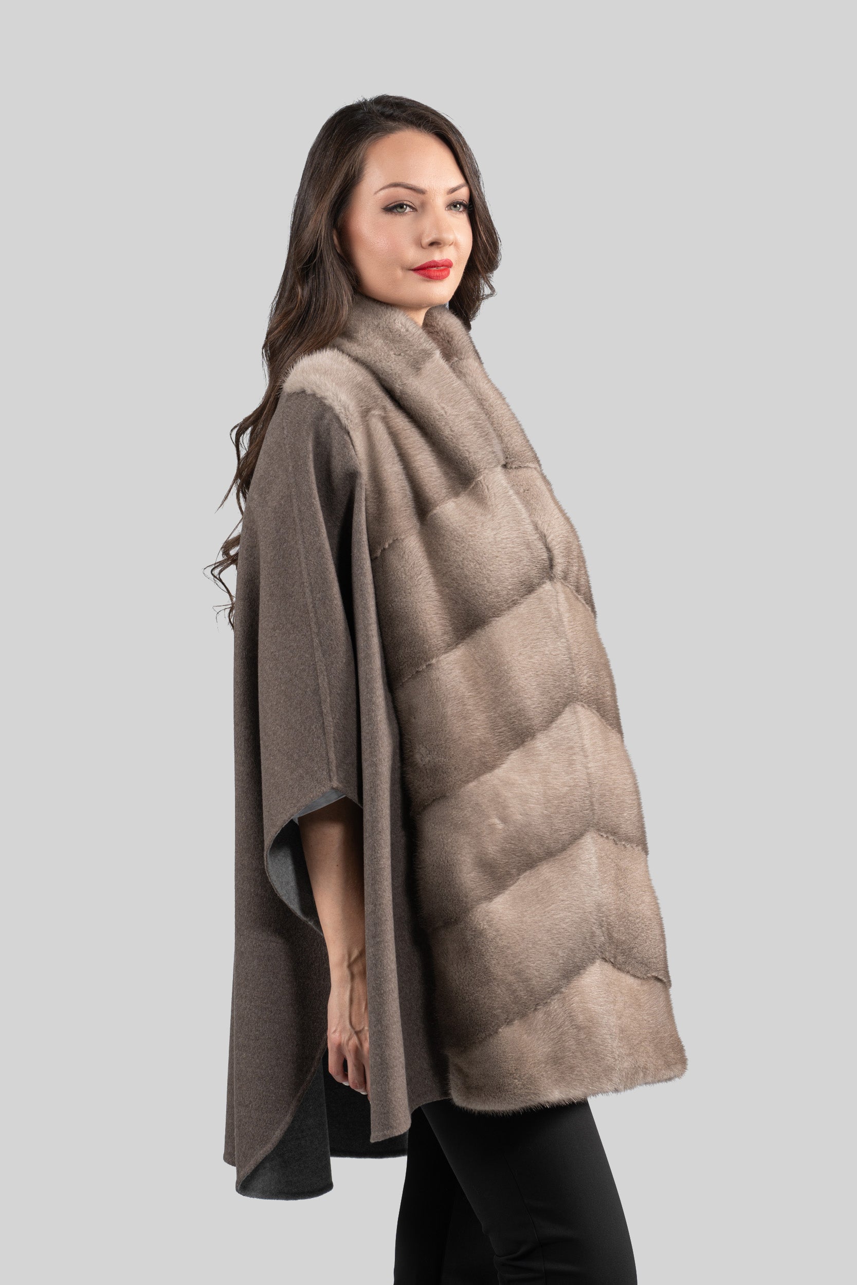 Brown Grey Cashmere Cape with Mink Trim 18M950