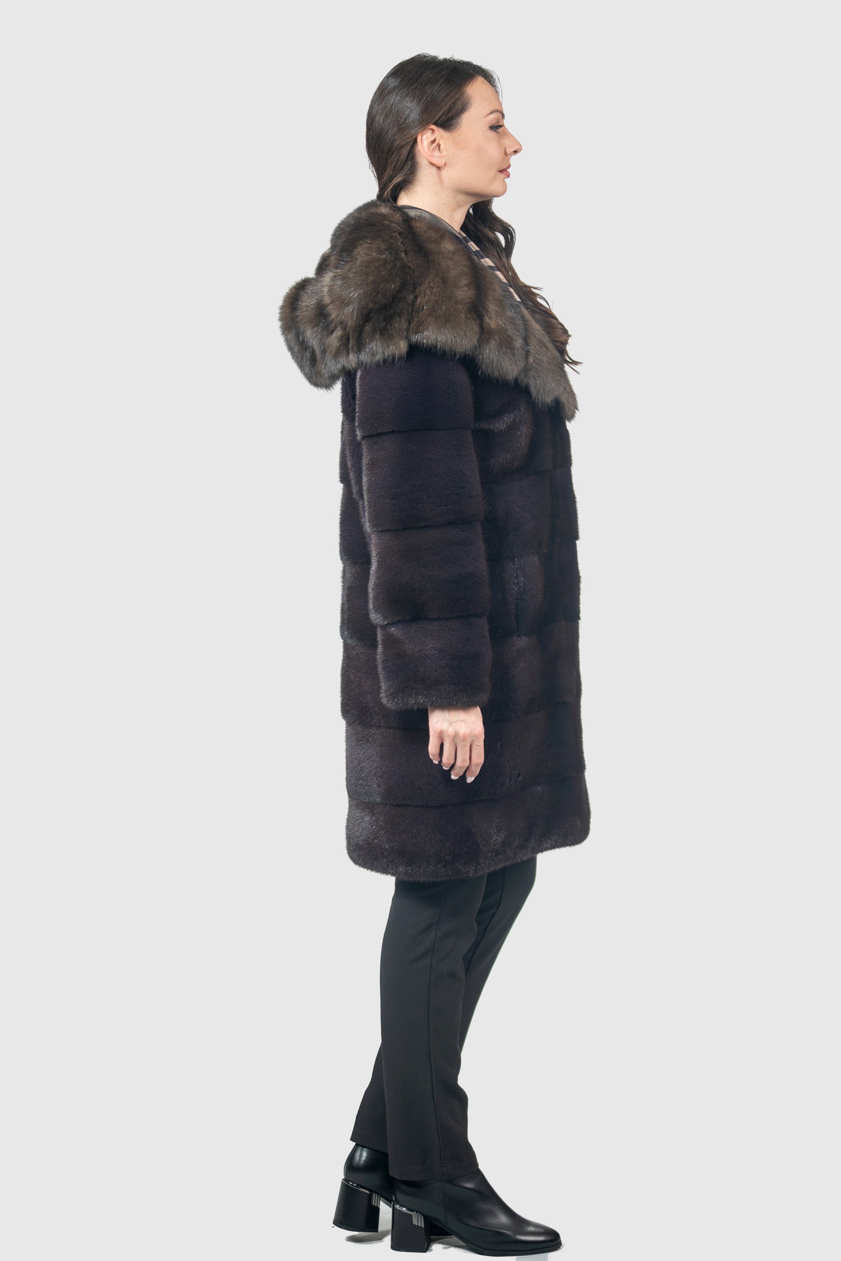 Aubergine Mink Half Coat with Russian Sable Hood P/K13C540