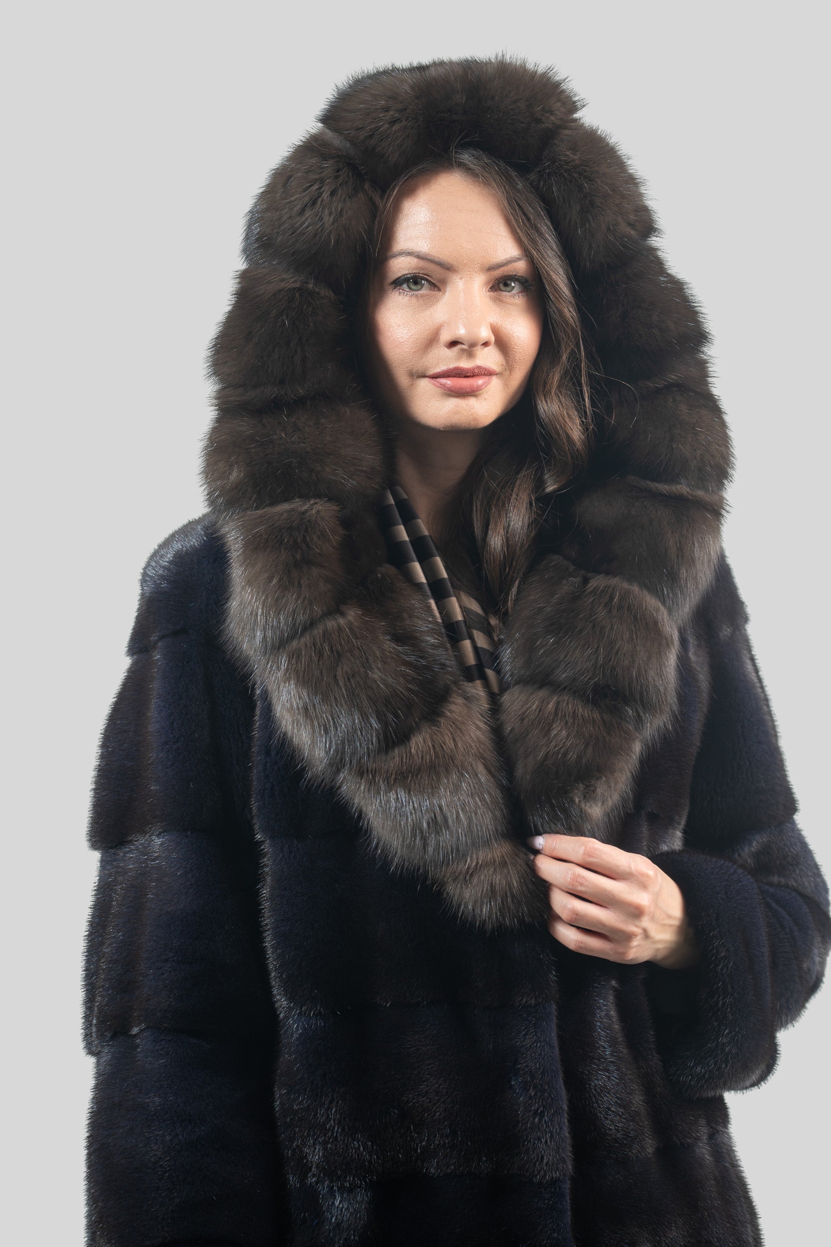 Purple Mink Half Coat with Russian Sable Hood P/K13C540