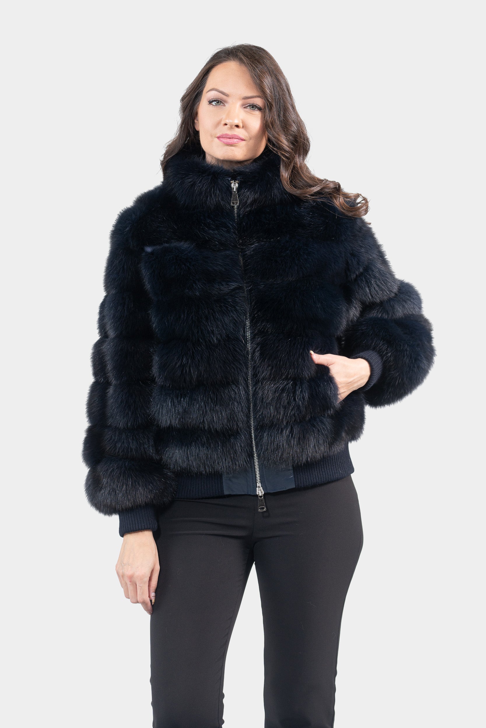 Blue Black Baumarten Bomber Jacket with Stand Collar P/K228