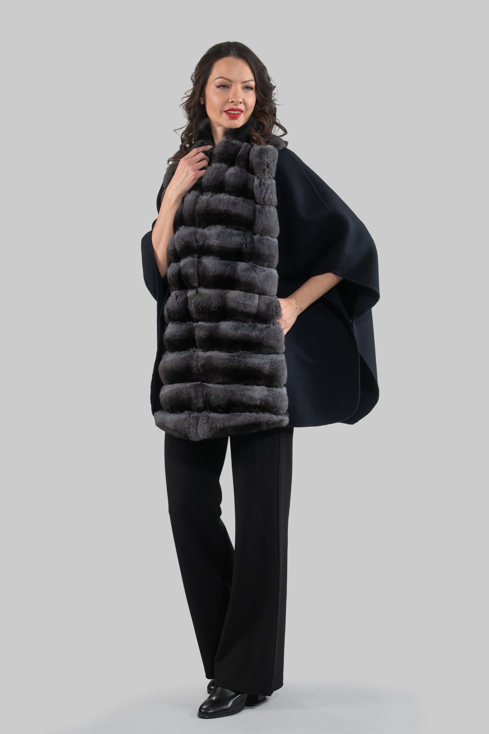 Blue Black Cashmere Cape with Oracle Chinchilla Trim 18M950