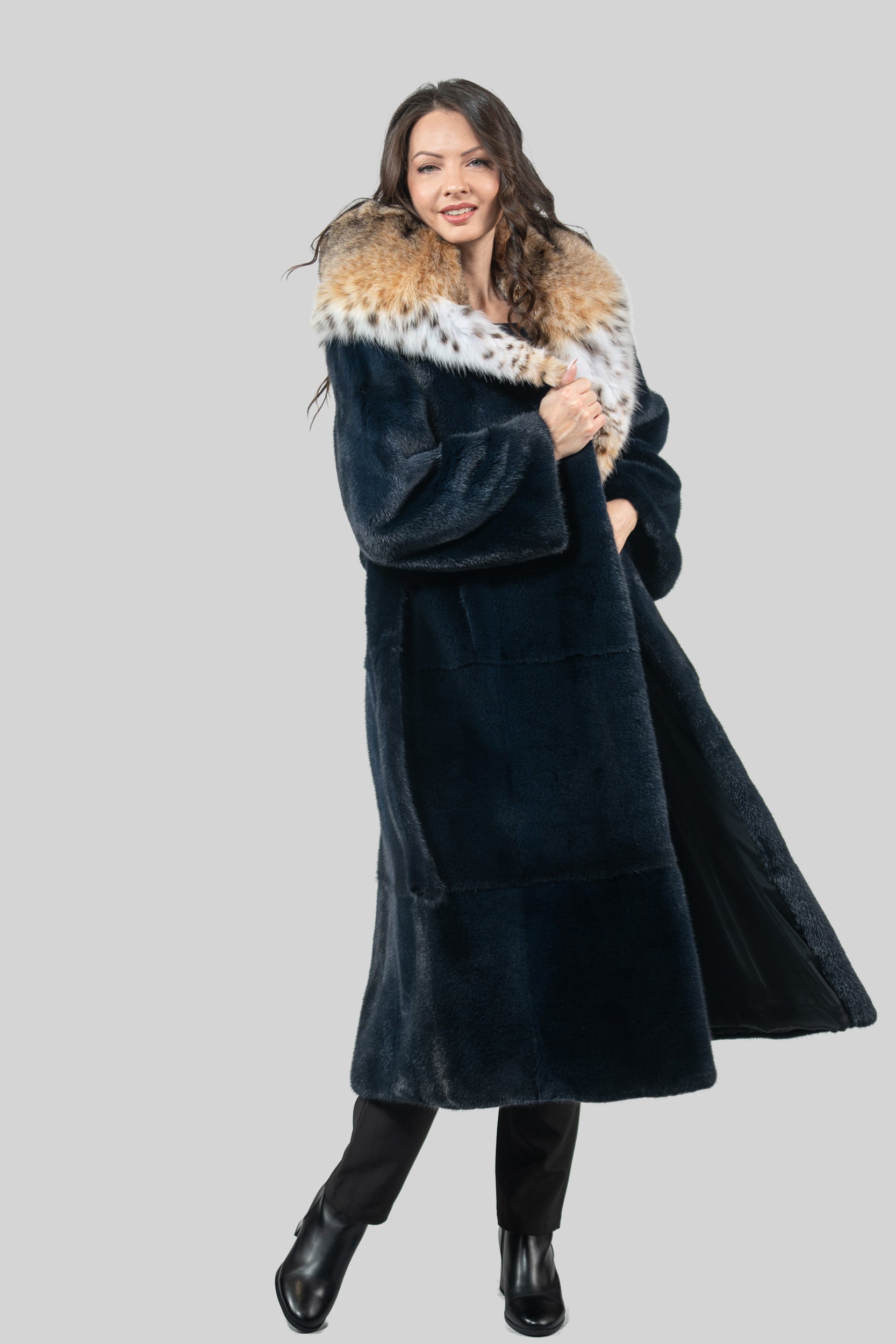 Blue Black Mink Coat with Bobcat Hood S/S13C978