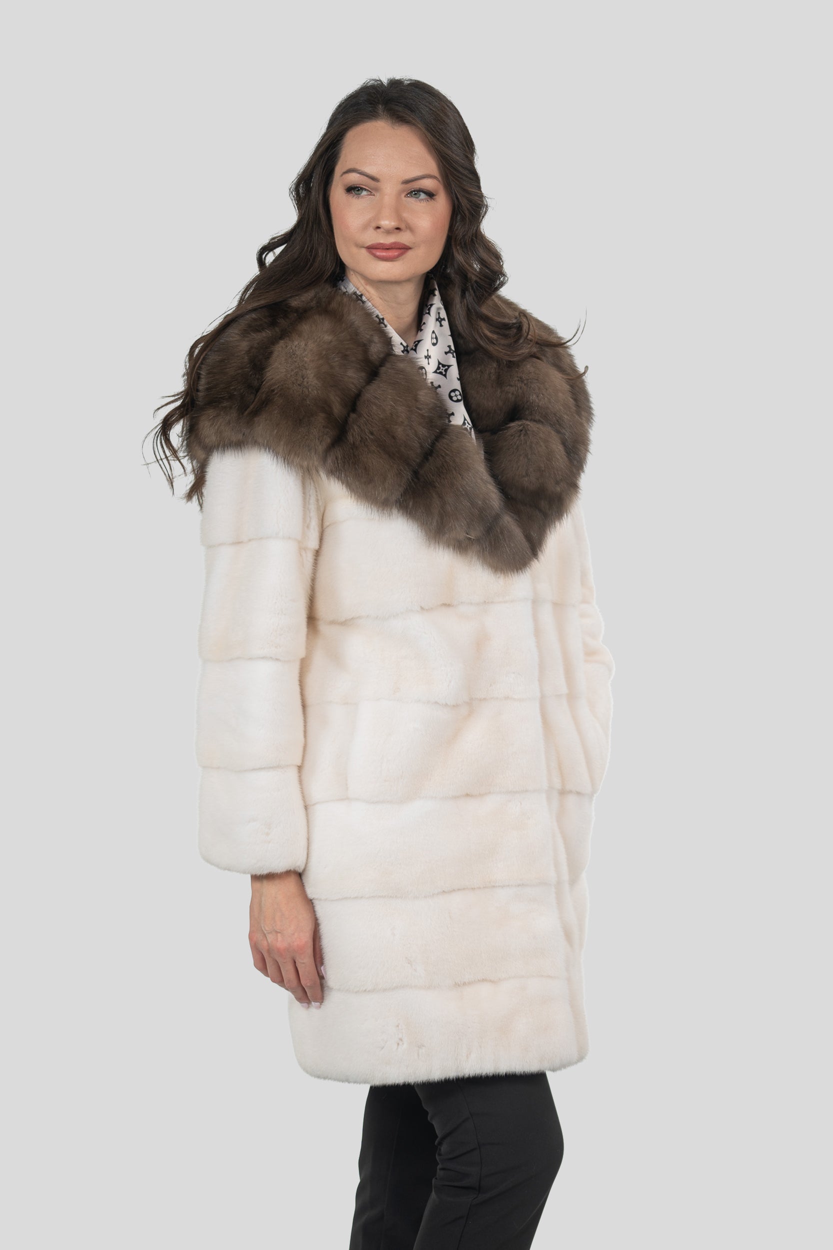 Pearl Mink Half Coat with Russian Sable Hood P/K13C540
