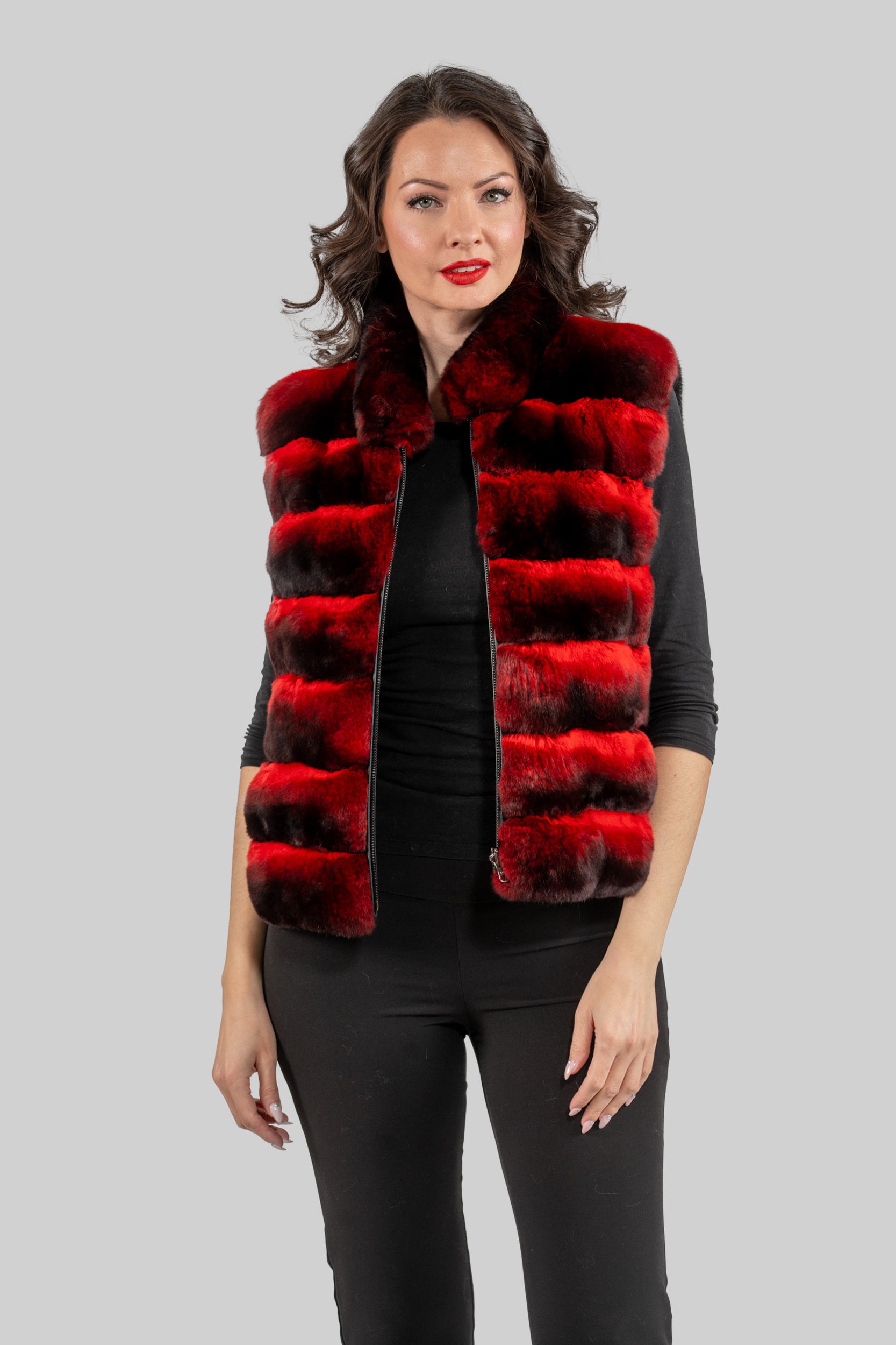 Red Chinchilla Vest with Stand Collar and Mink Trim P/K2201