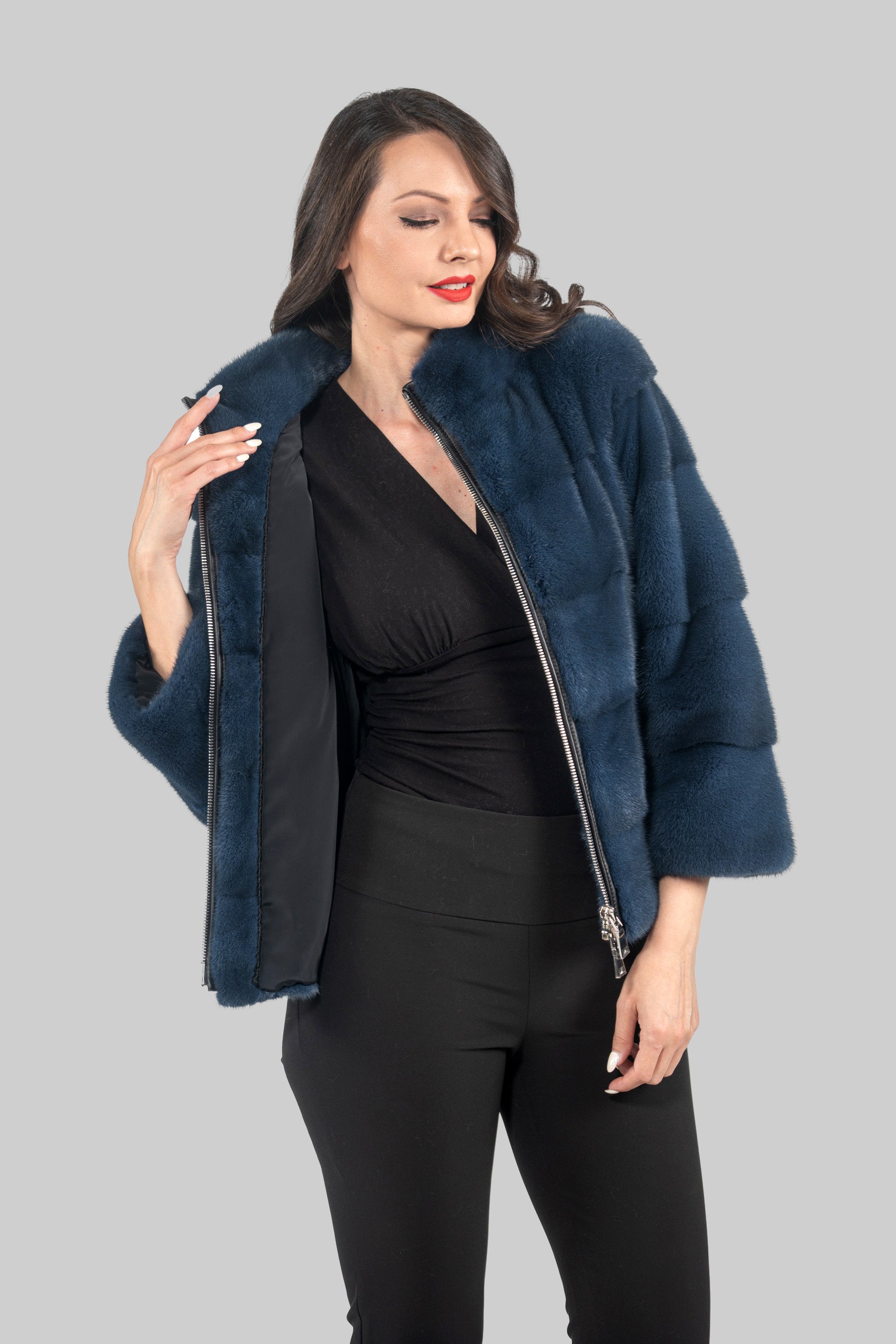 Blue Jean Mink Jacket with Stand Collar and Zipper P/K13C224