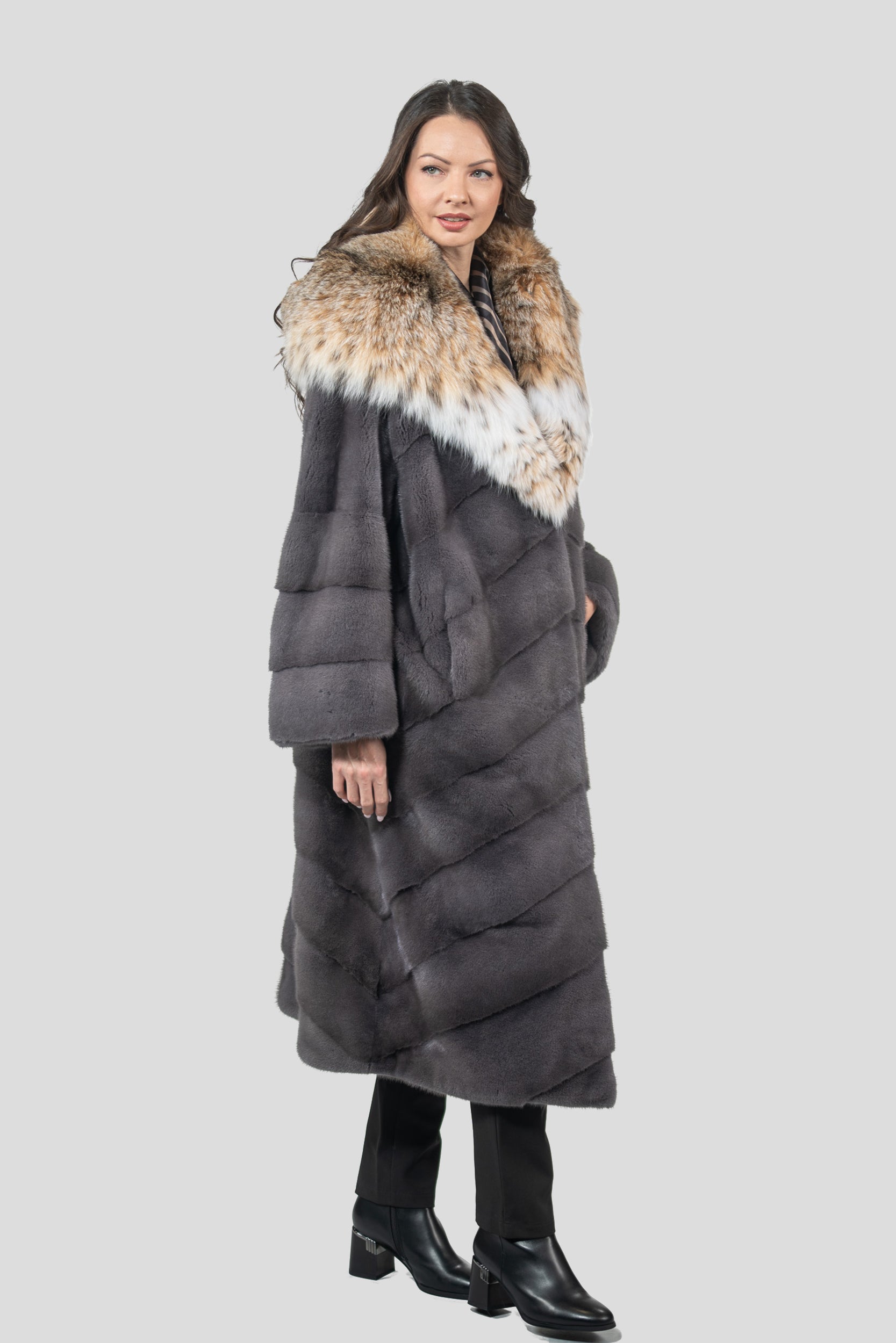 Grey Moon Mink Coat with Bobcat Hood A/K13C850