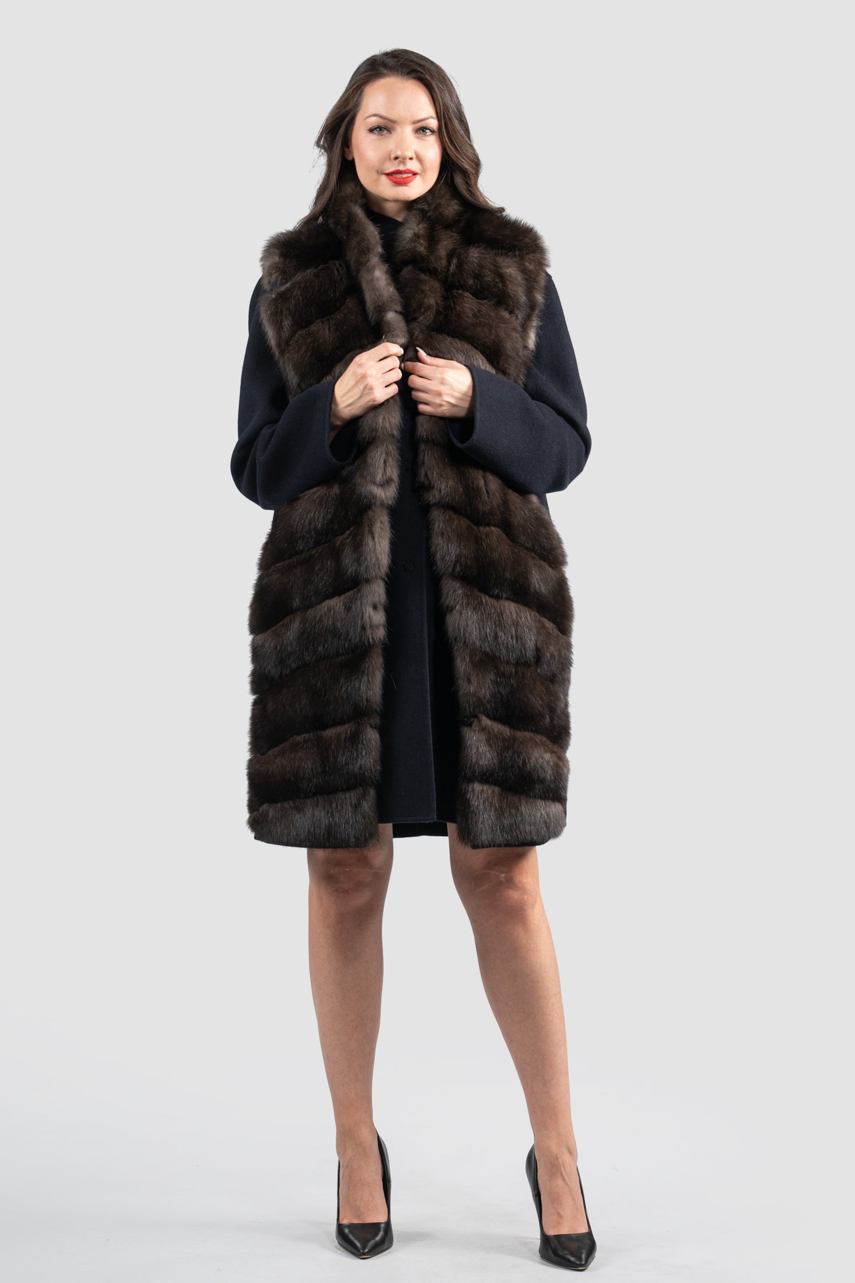 Blue Black Cashmere Half Coat & Vest with Russian Sable Trim 17C8003