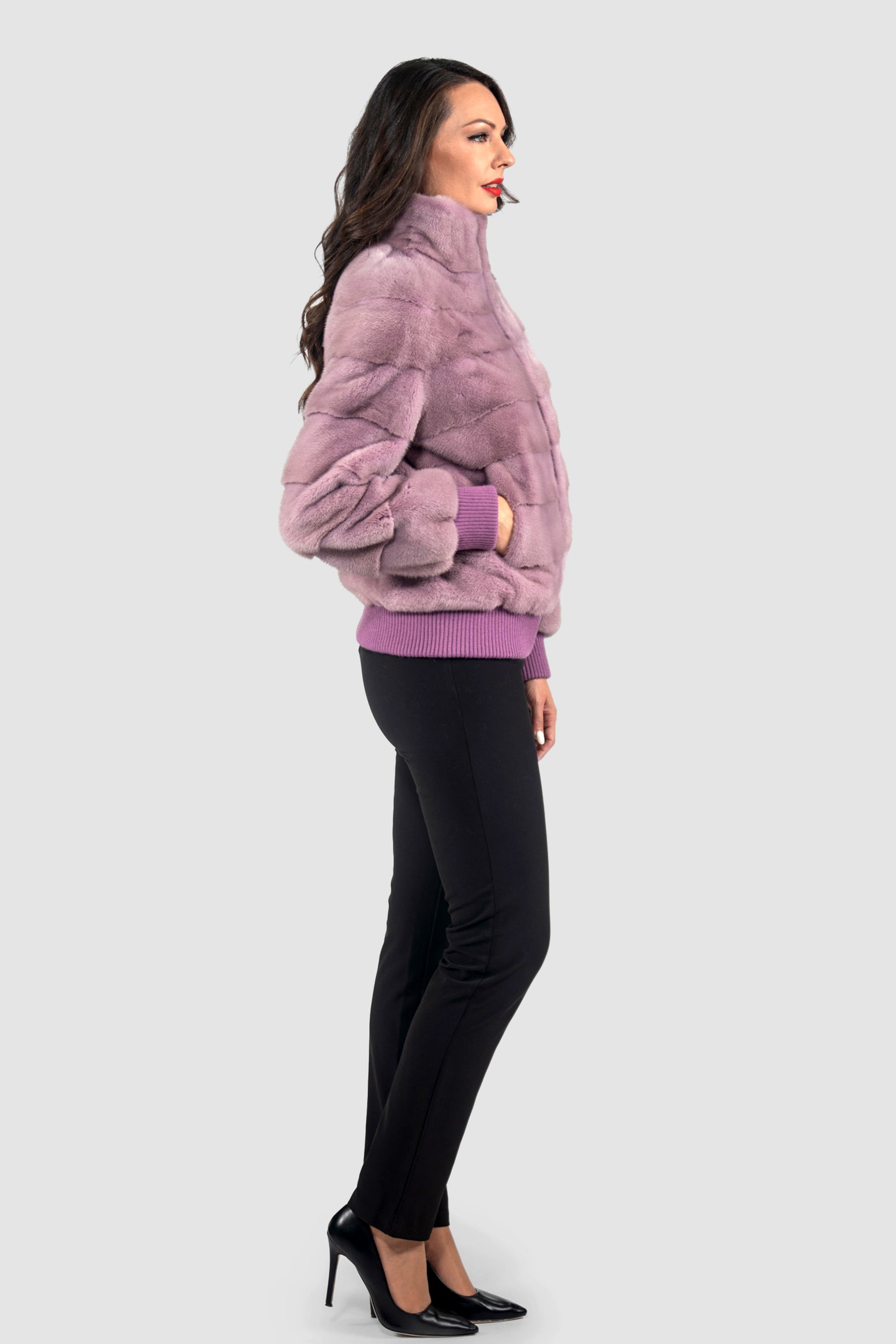 Violet Mink Bomber Jacket with Stand Collar P/K13C224