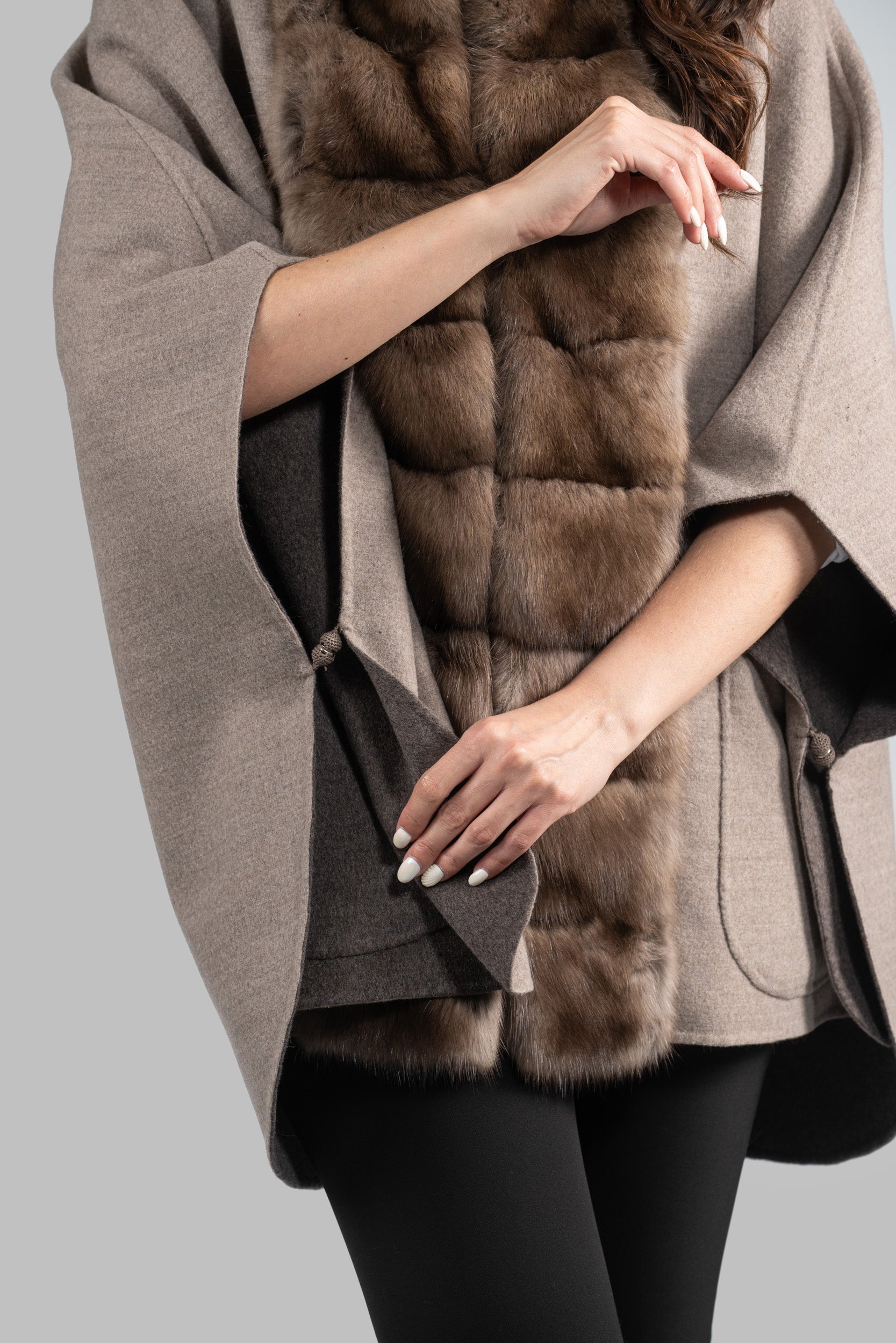 Grey Brown Cashmere Cape with Russian Sable Trim 18M951