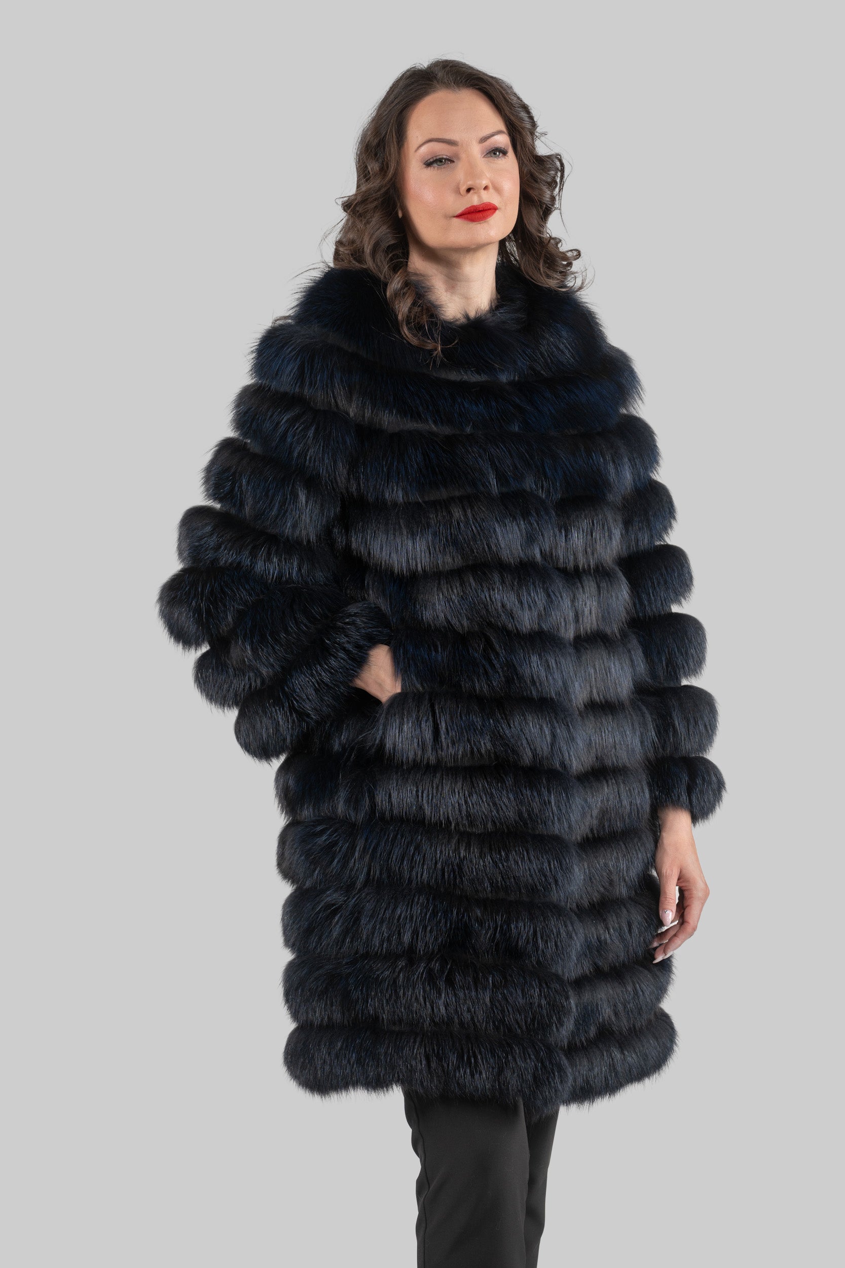Blue Black Fox Collarless Half Coat R/K13C520