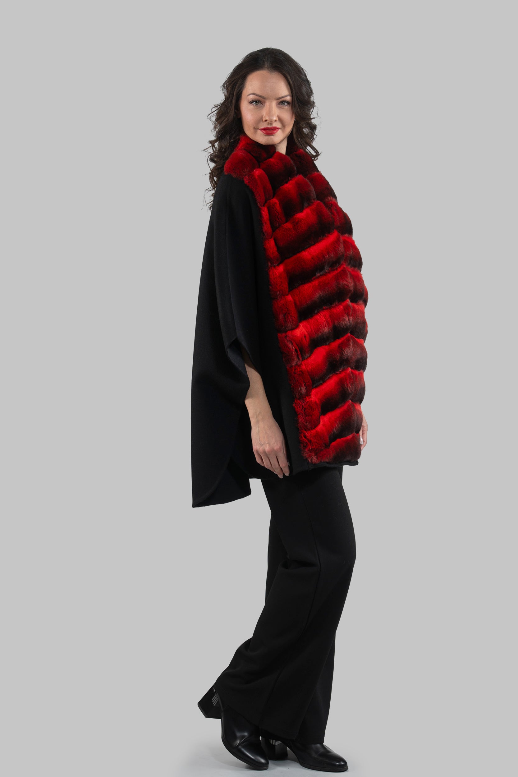 Black Cashmere Cape with Red Chinchilla Trim 18M950