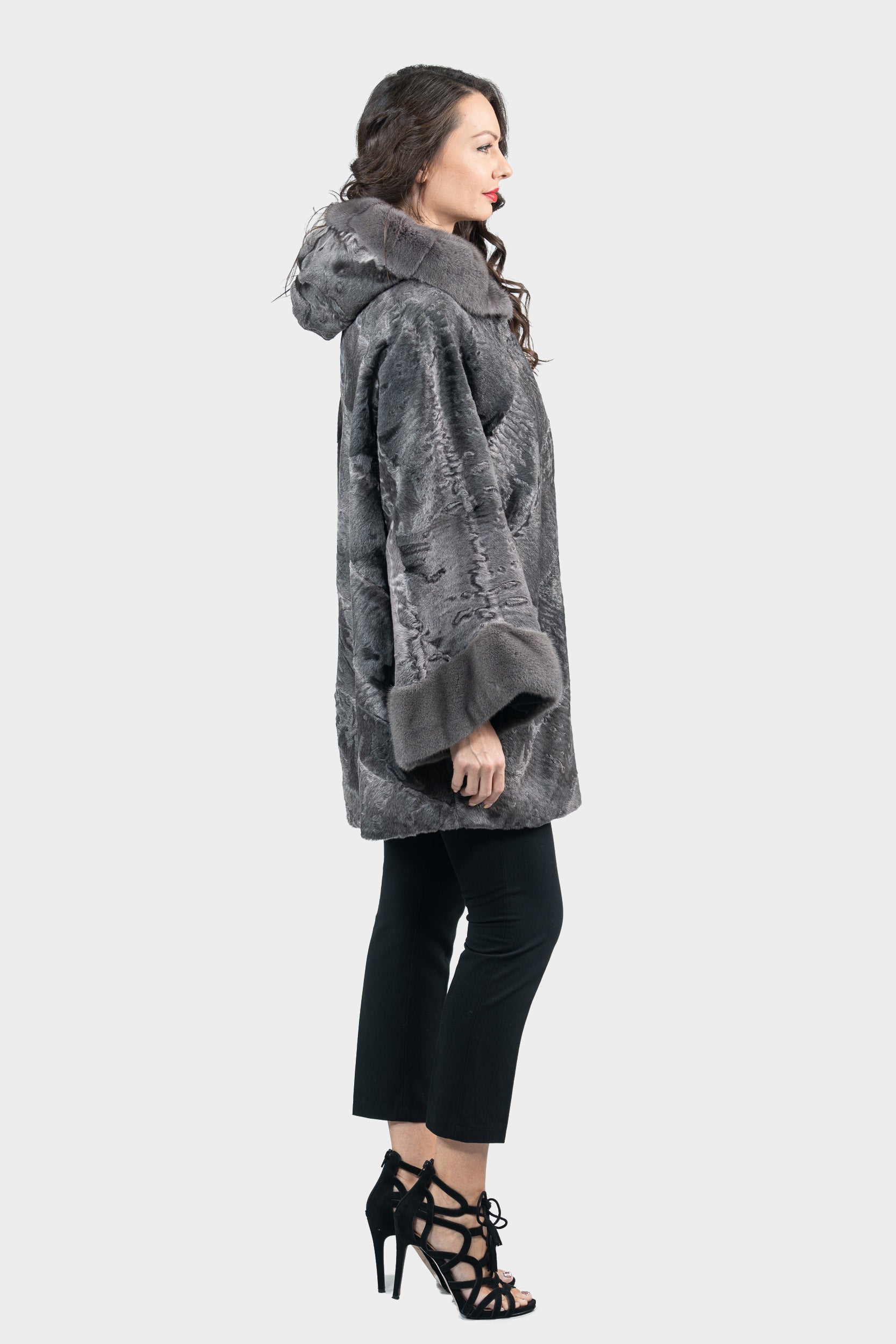 Grey Moon Swakara Half Coat with Mink Trim A/K850V30