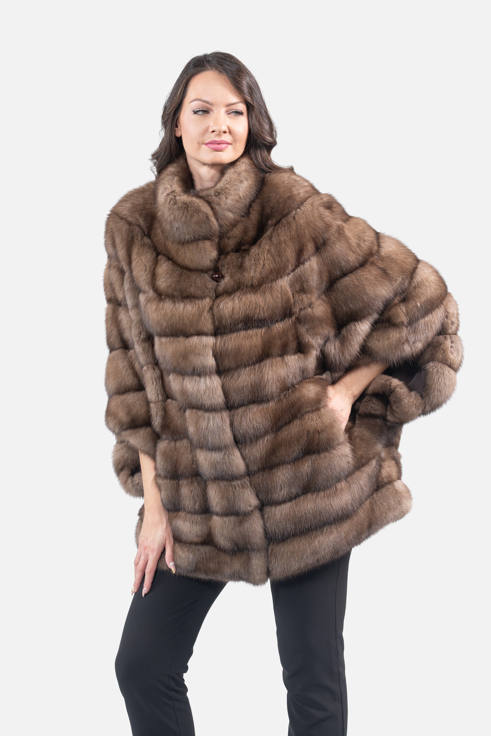 Graphite Russian Sable Cape with Stand Collar P/K13C959