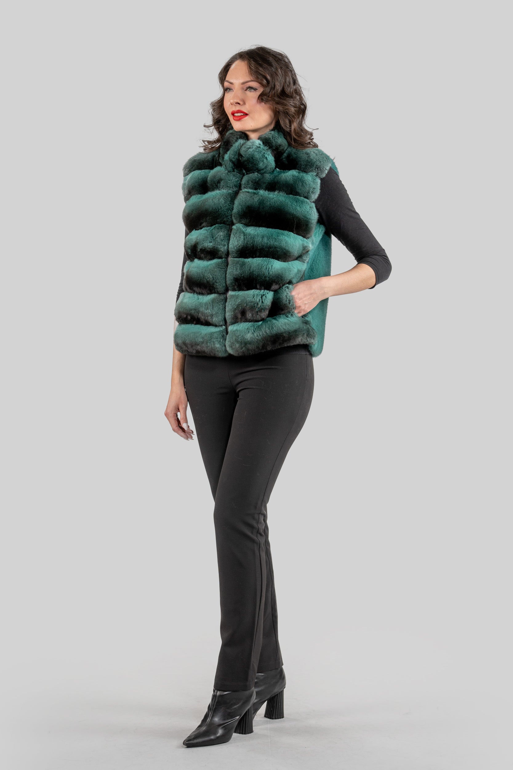 Emerald Green Chinchilla Fur Vest with Stand Collar and Mink Trim P/K2201