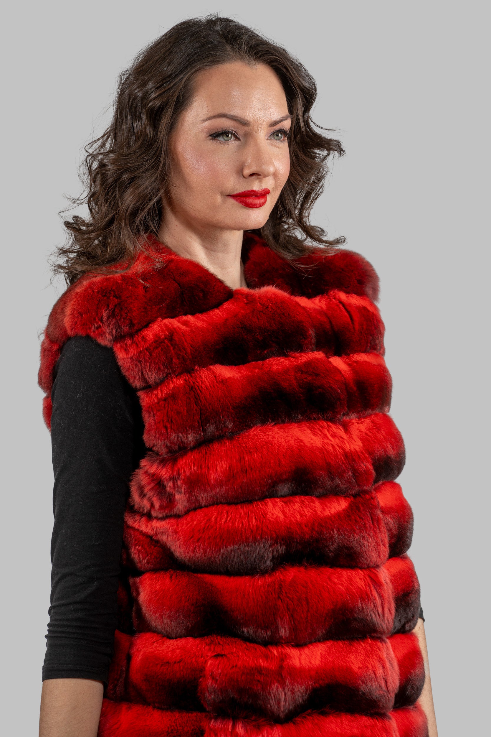 Collarless Crimson Red Chinchilla Vest P/K13C519