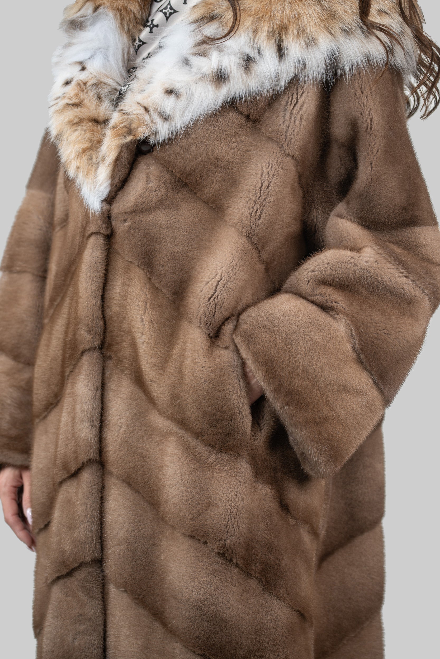 Pastel Mink Coat with Bobcat Hood A/K13C850