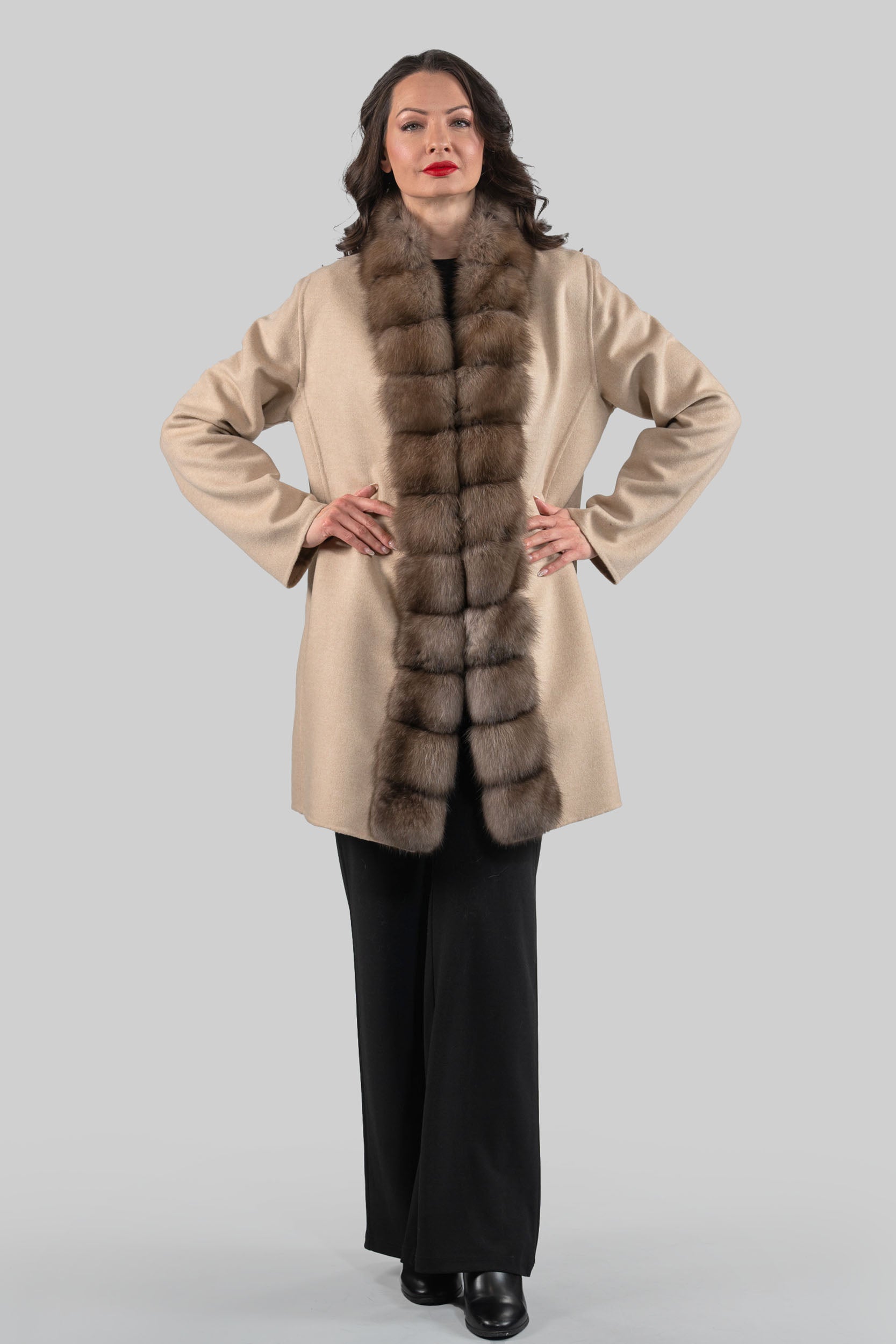 Ecru Cashmere Half Coat with Russian Sable Trim 21C6080