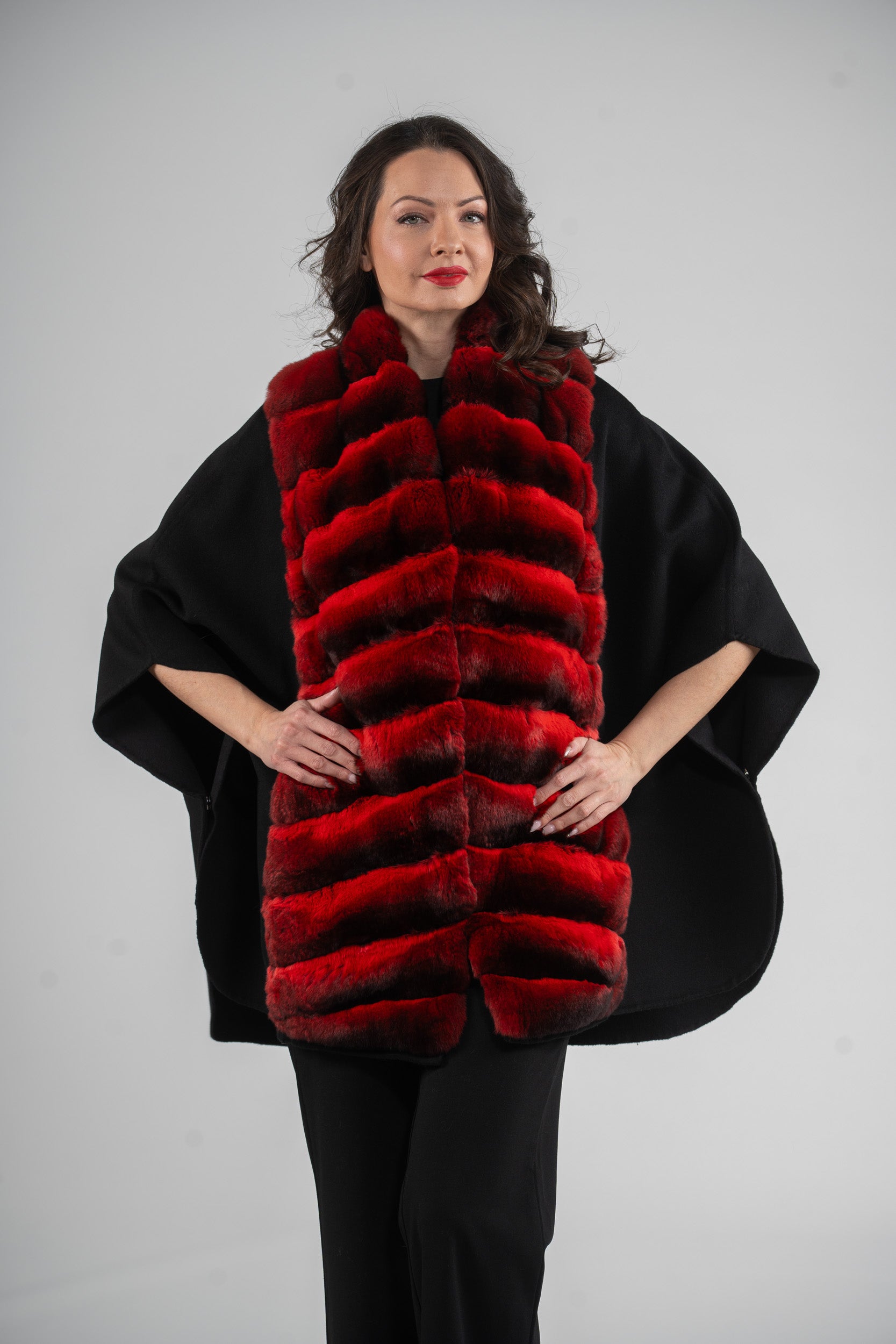 Black Cashmere Cape with Red Chinchilla Trim 18M950