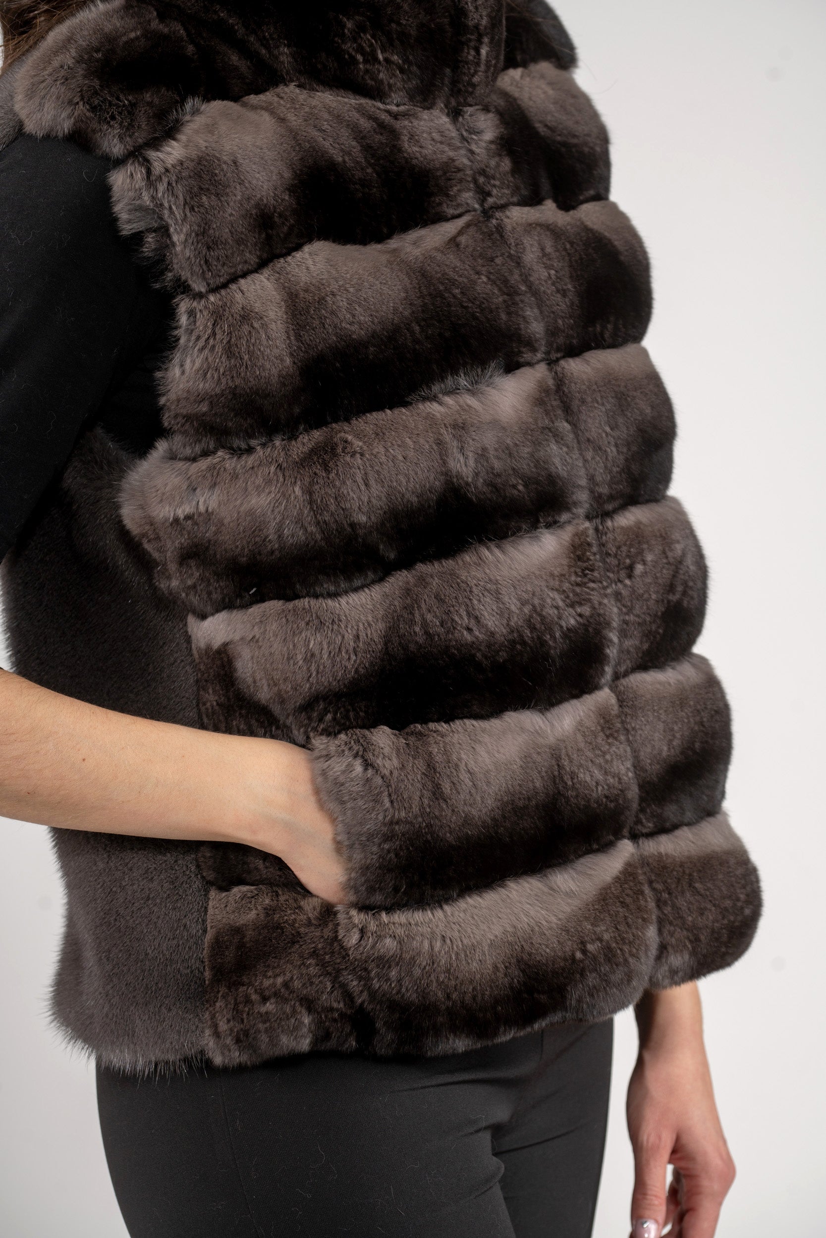 Smokey Chinchilla Fur Vest with Stand Collar and Mink Trim P/K2201