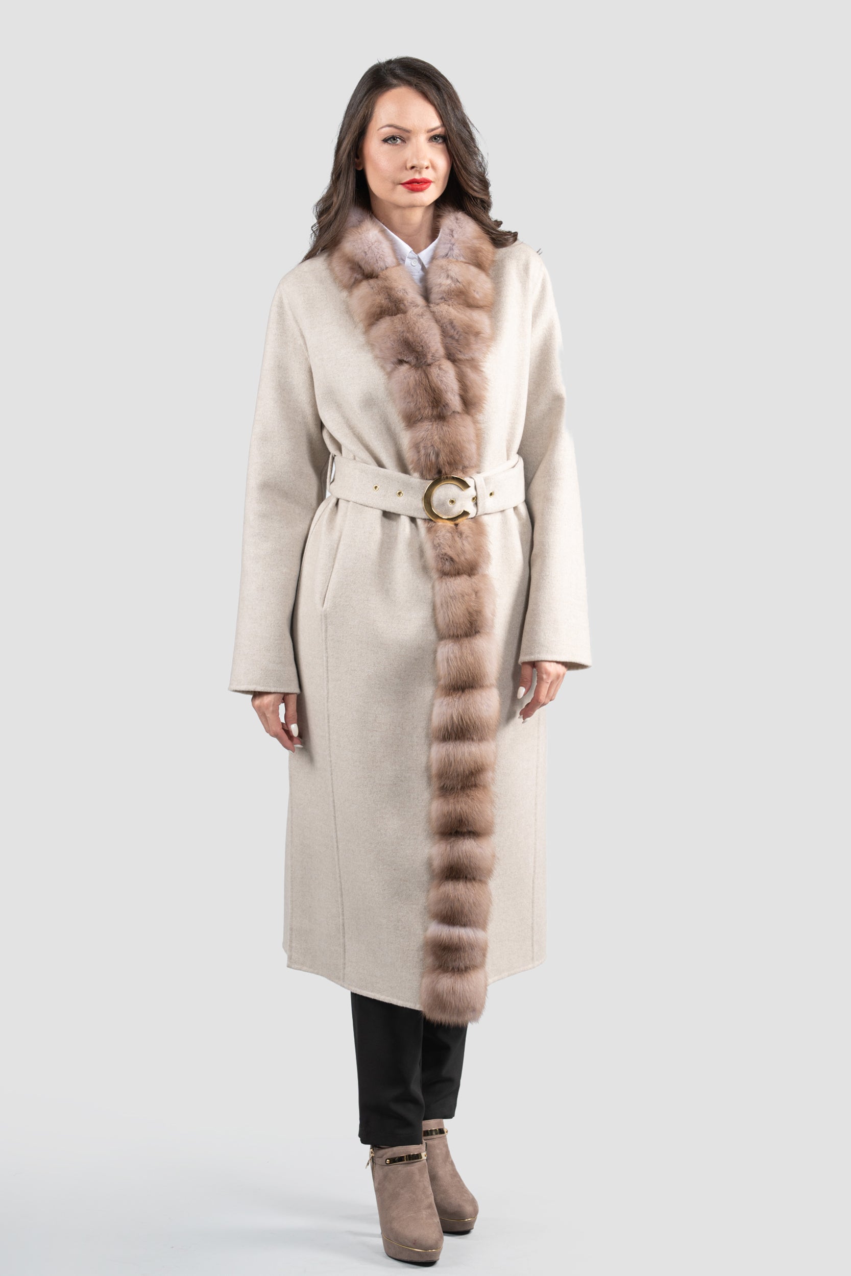 White Ecru Cashmere Coat with Russian Sable Trim 21C6080