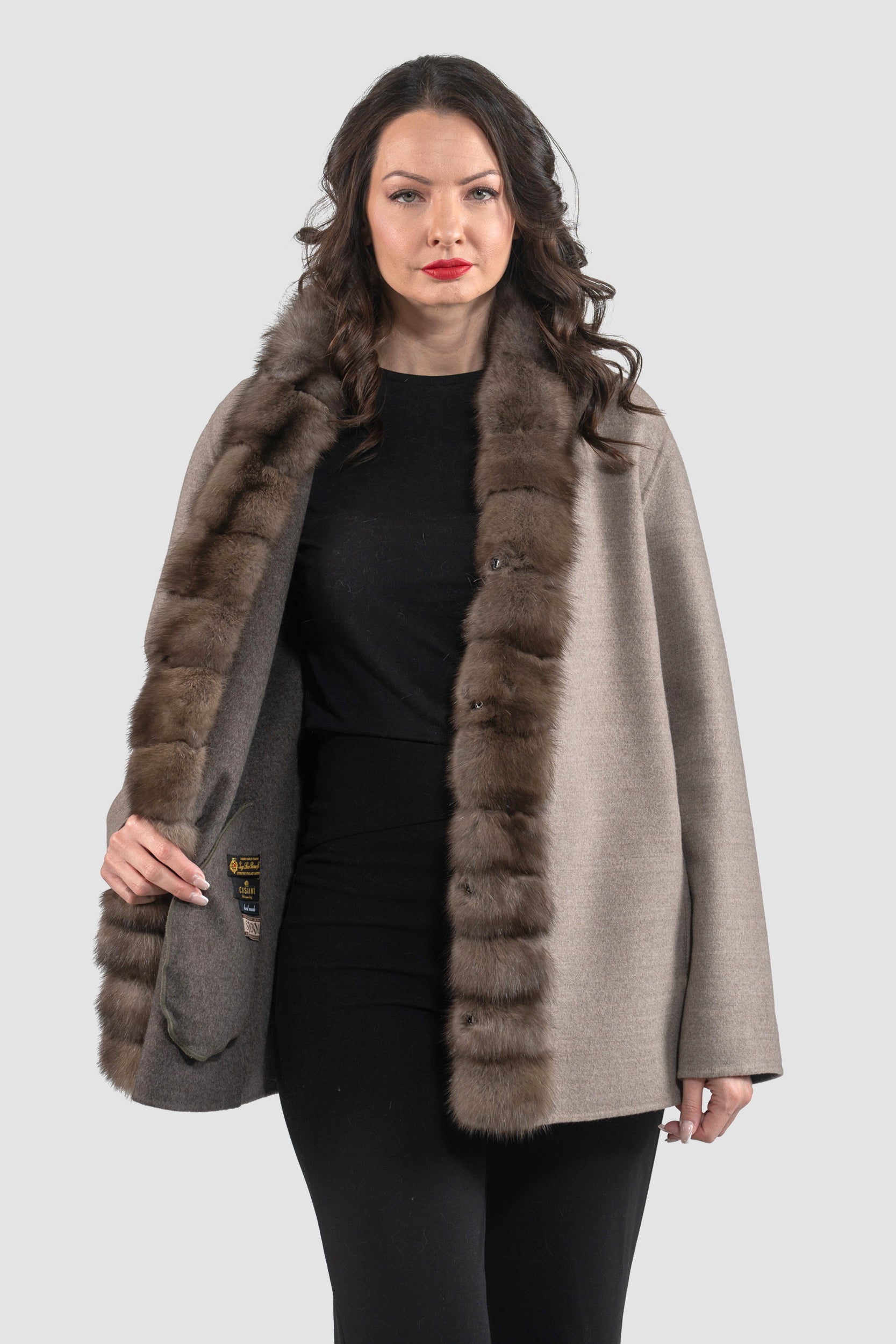 Brown Grey Cashmere Jacket with Russian Sable Trim 21C6080