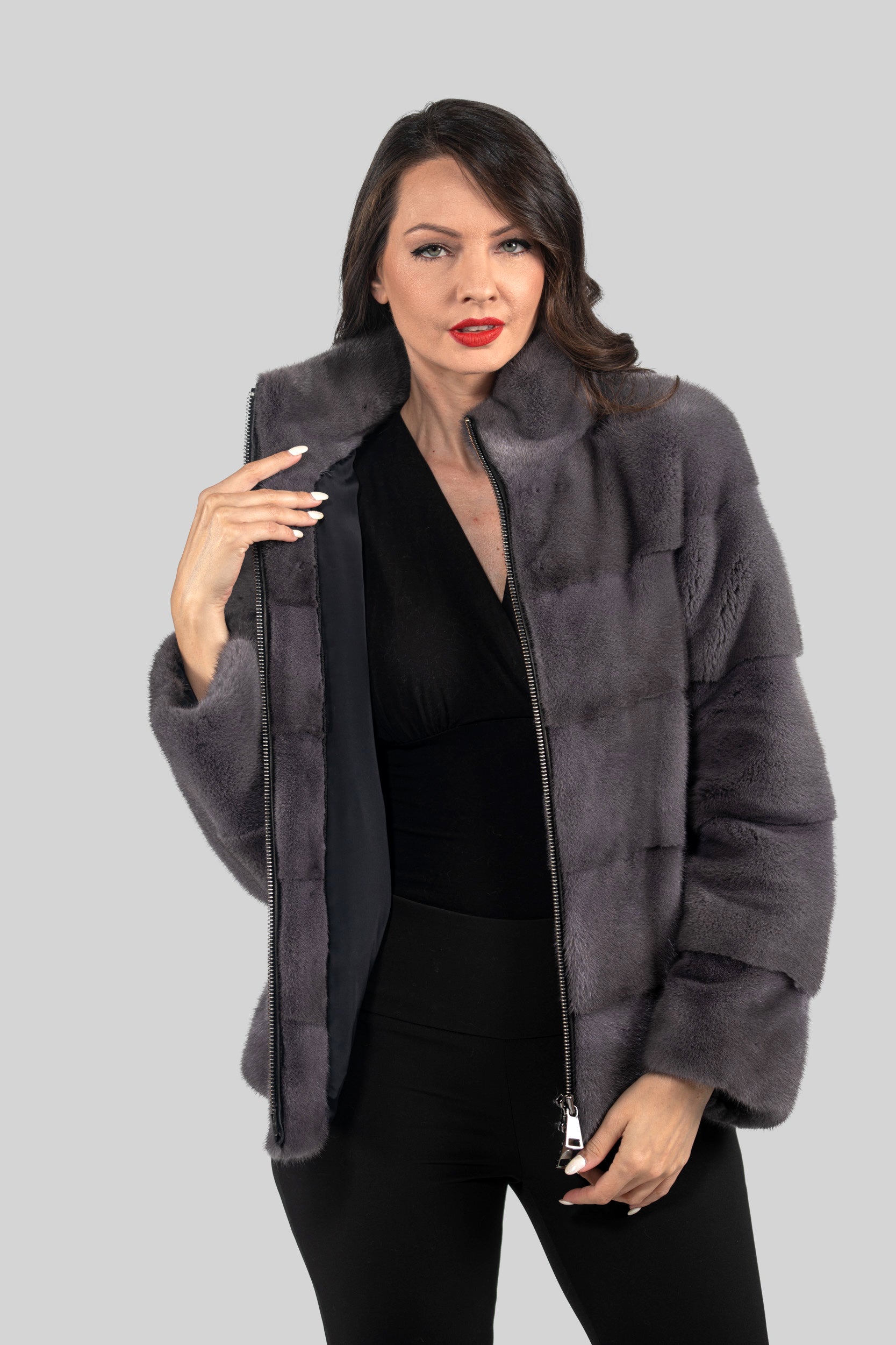 Grey Moon Mink Jacket with Stand Collar and Zipper P/K13C224