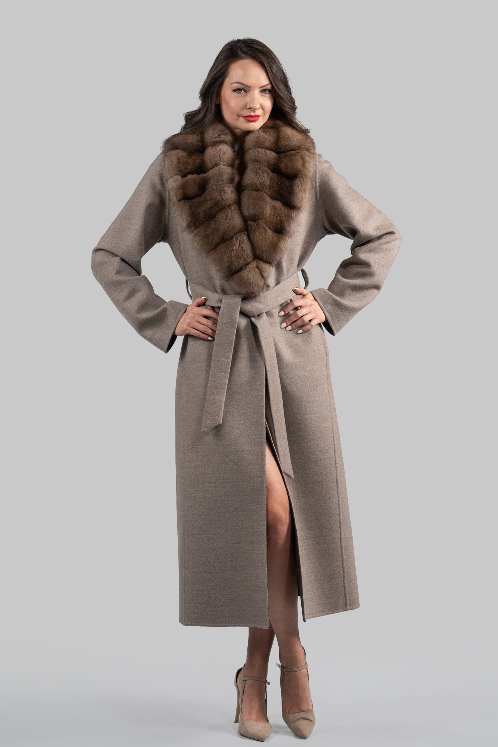Brown Gray Cashmere Coat with Russian Sable Shawl Collar 20C8070