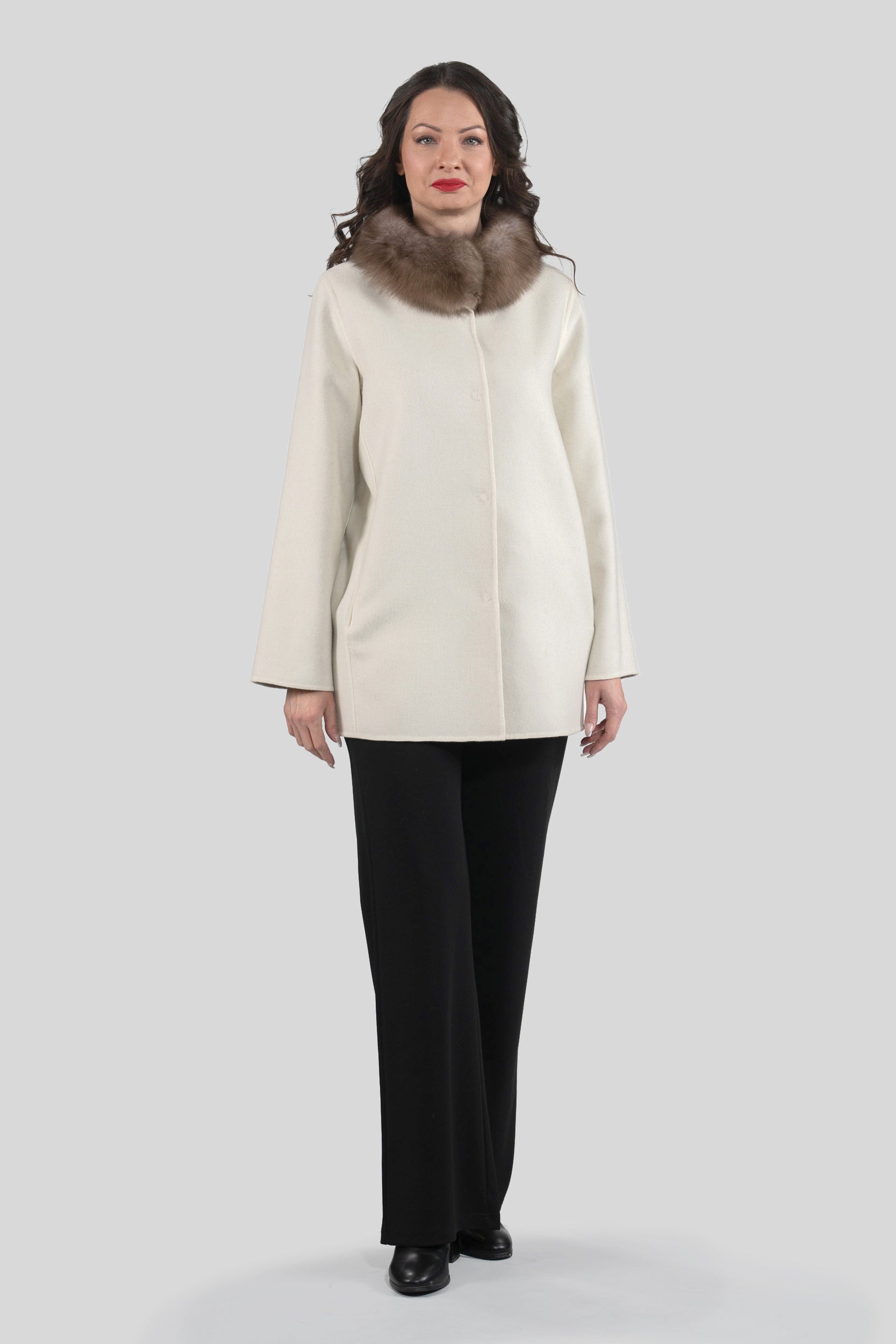 White Cashmere Jacket with Russian Sable Trimmed Stand Collar 17C8003G530