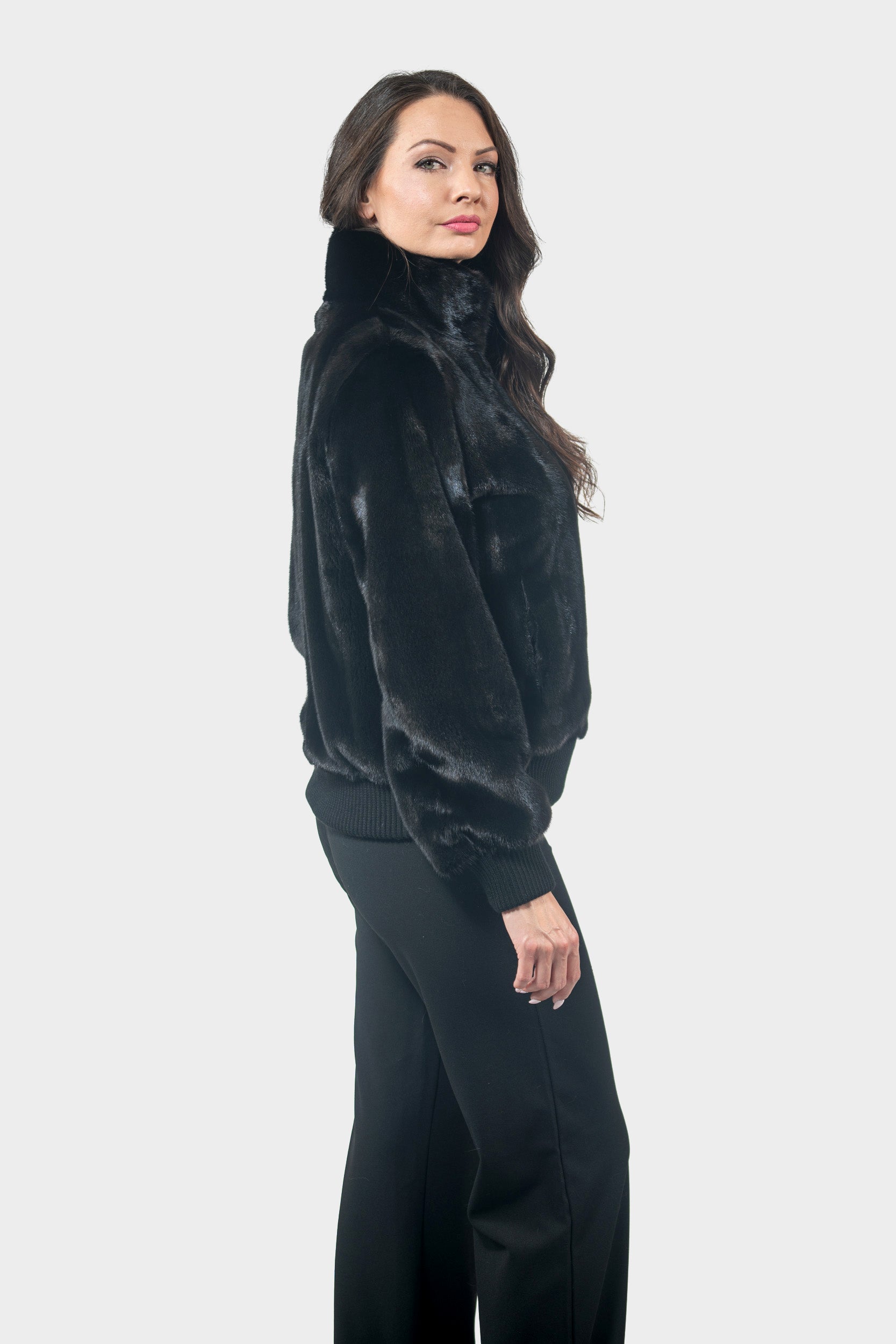 Black Mink Bomber Jacket with Stand Collar L/O13C224