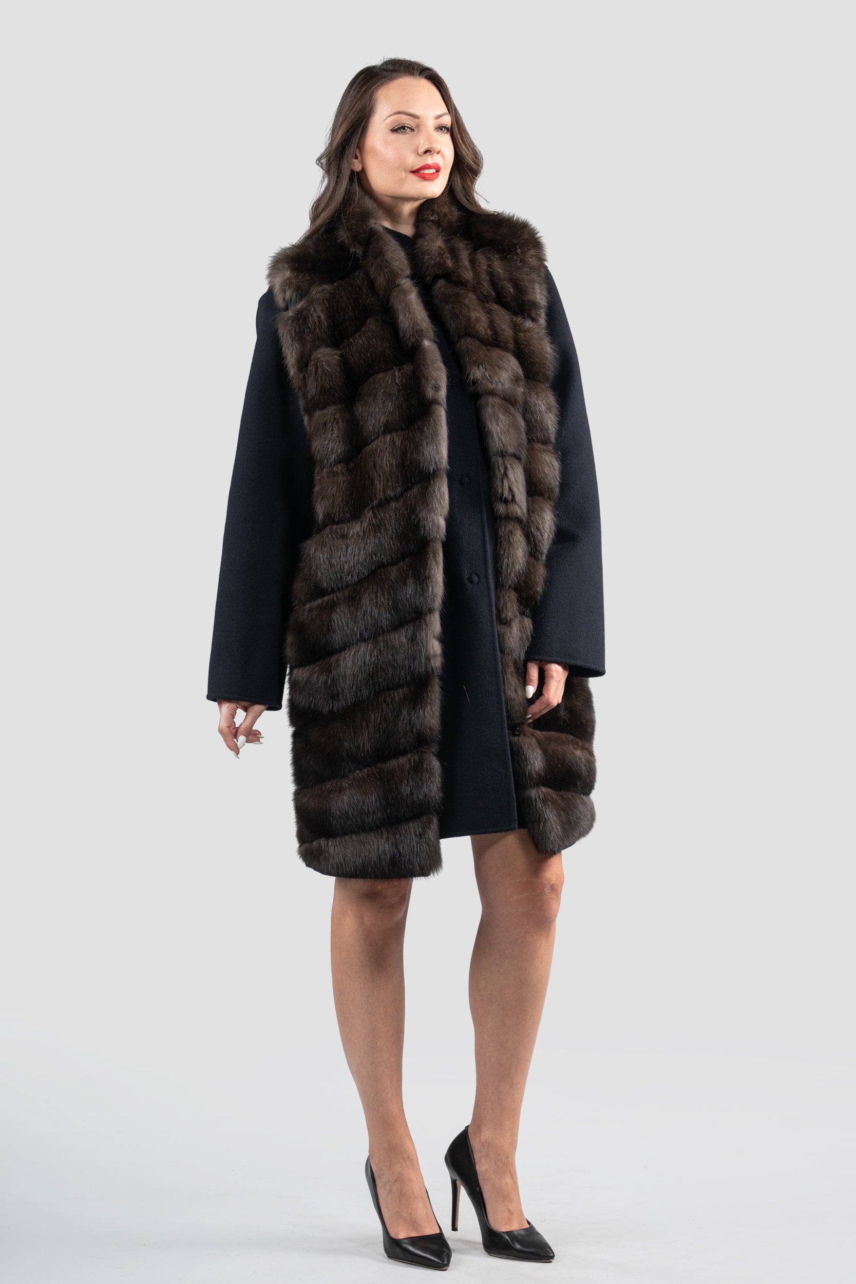 Blue Black Cashmere Half Coat & Vest with Russian Sable Trim 17C8003