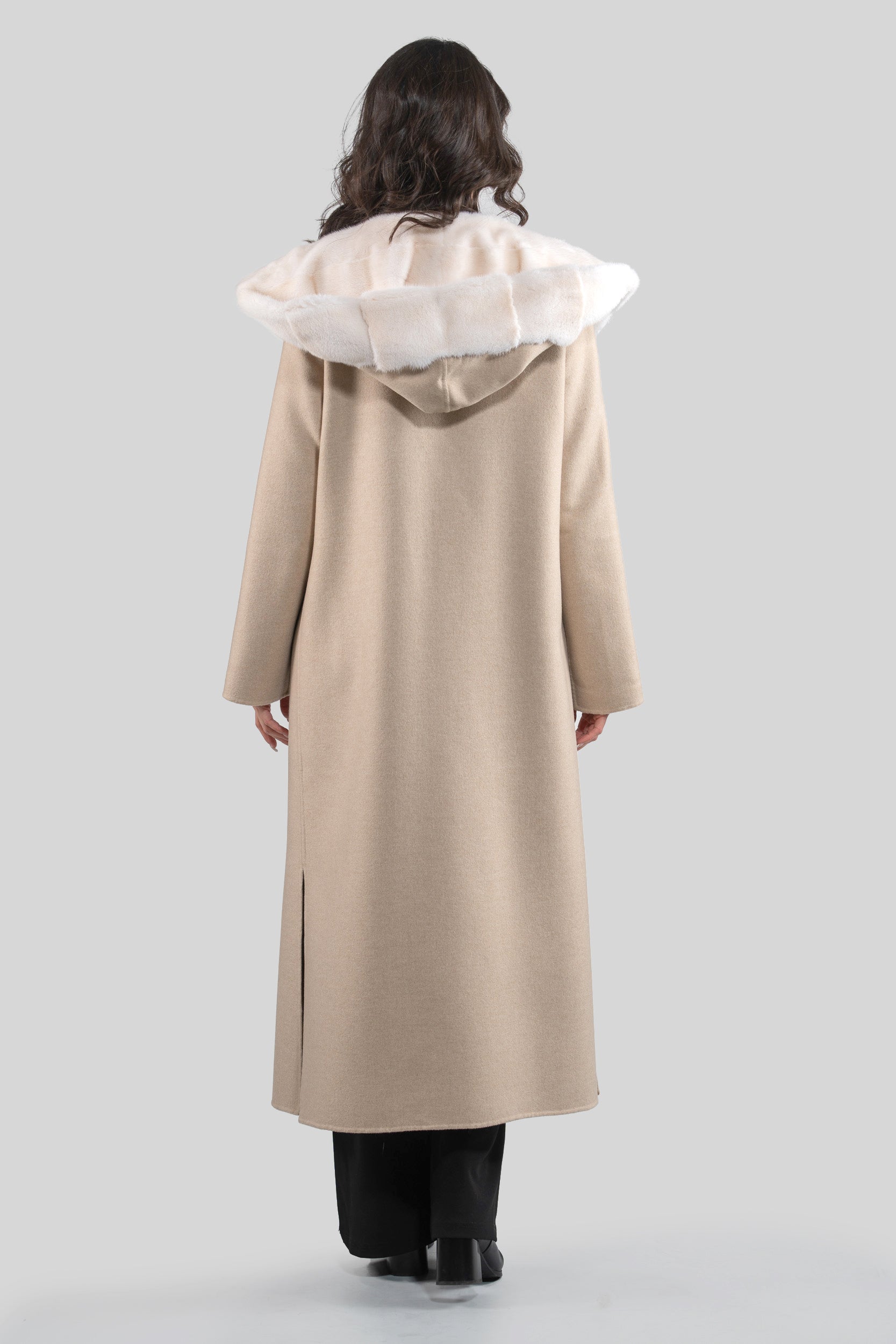 Ecru Beige Cashmere Hooded Coat with Mink Trim 21C6080H540