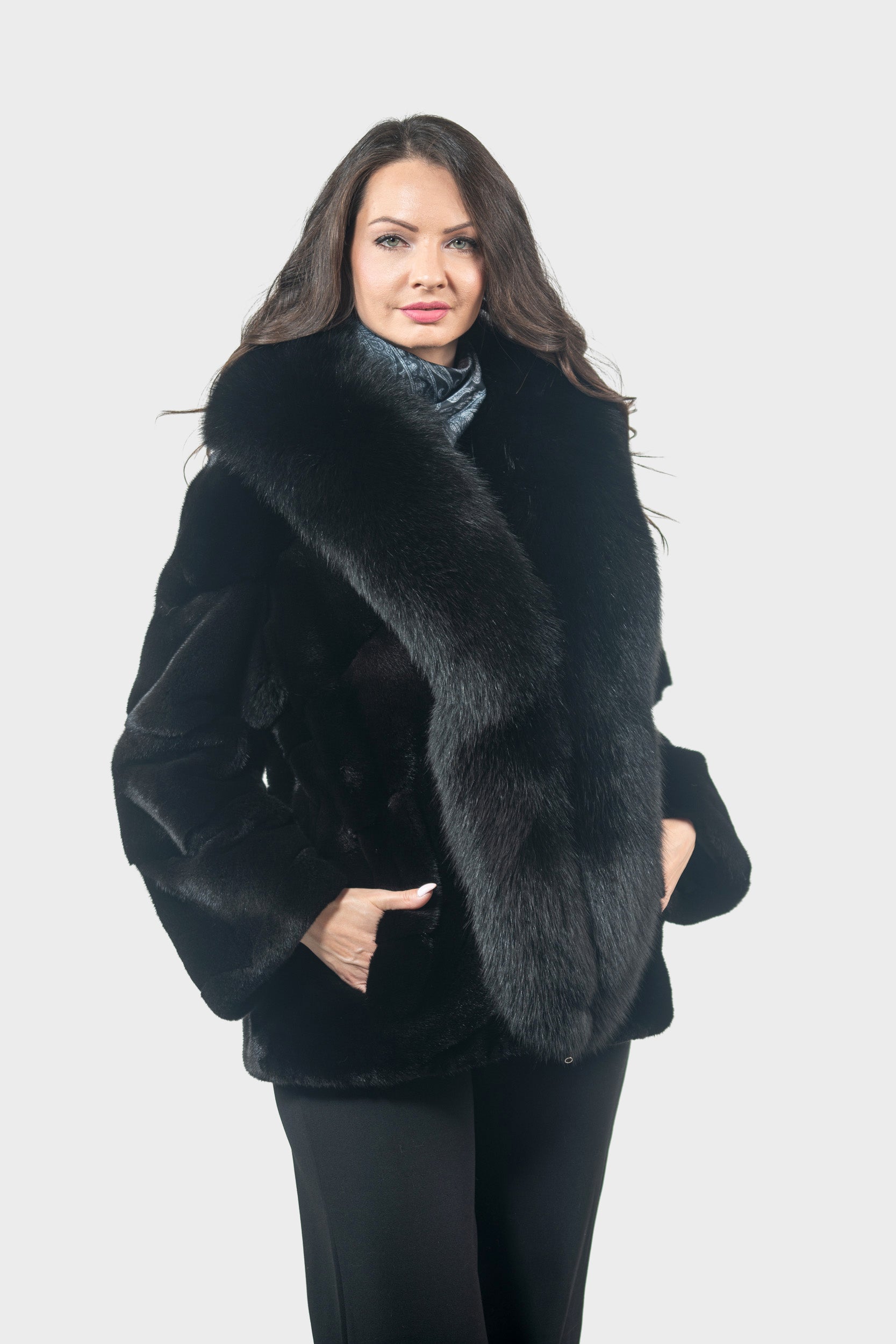 Black Mink Jacket with Fox Trim A/K19C123