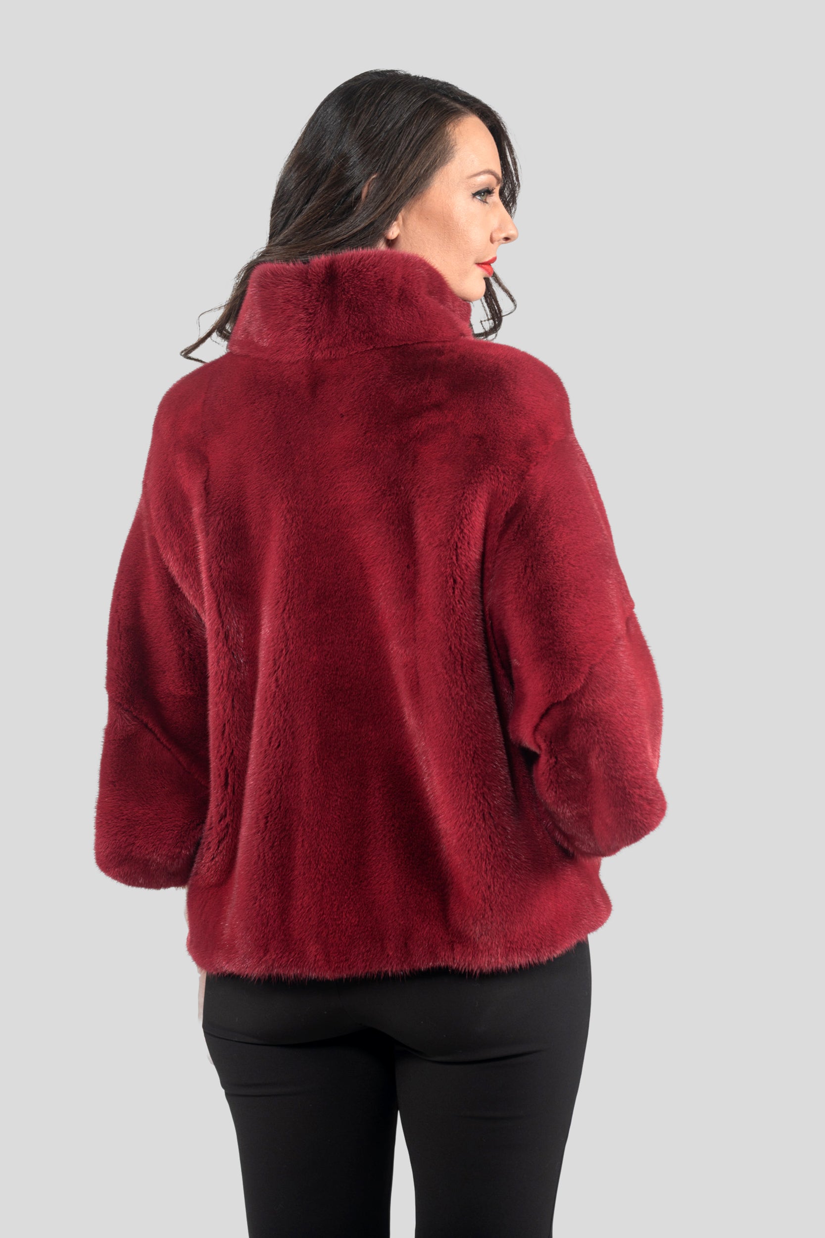 Cerise Mink Jacket with Stand Collar and Short Sleeves L/O13C138