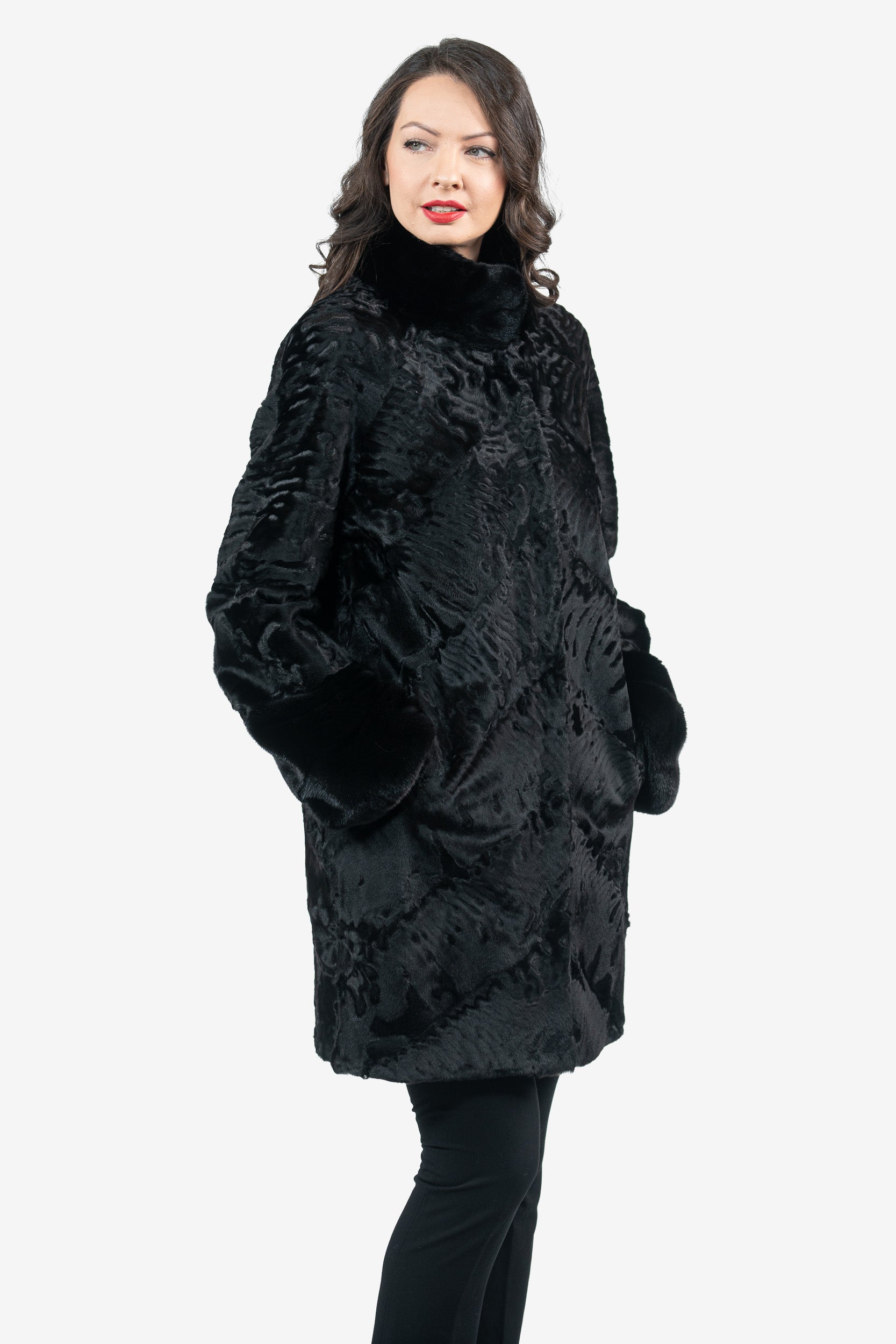 Black Swakara Half Coat With Mink Trim A/K13C530