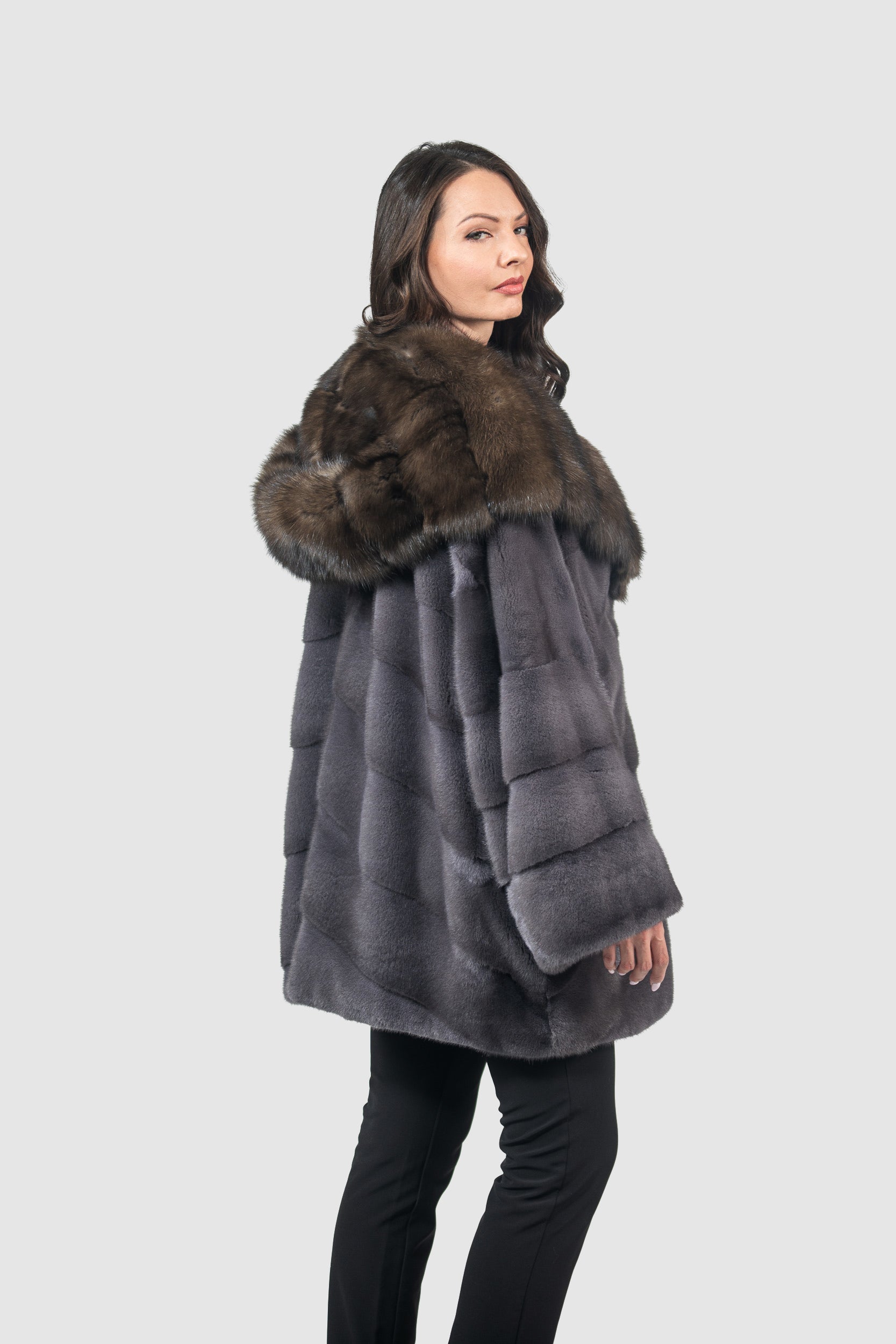 Grey Moon Mink Half Coat with Russian Sable Hood A/K850