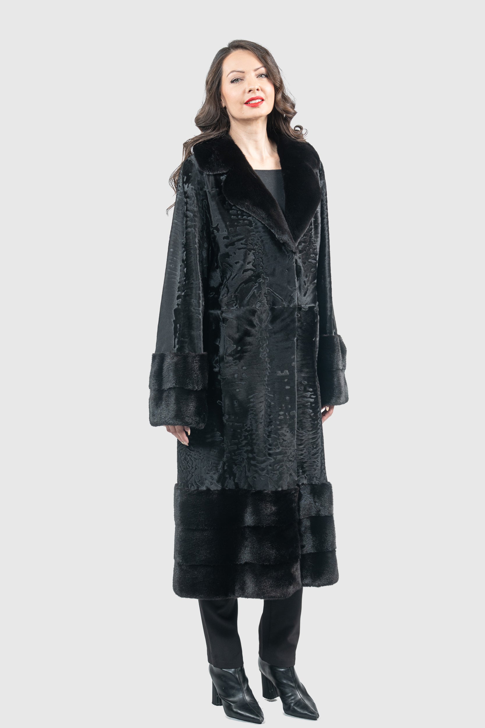 Black Swakara Coat with Mink Trim S/S13C976