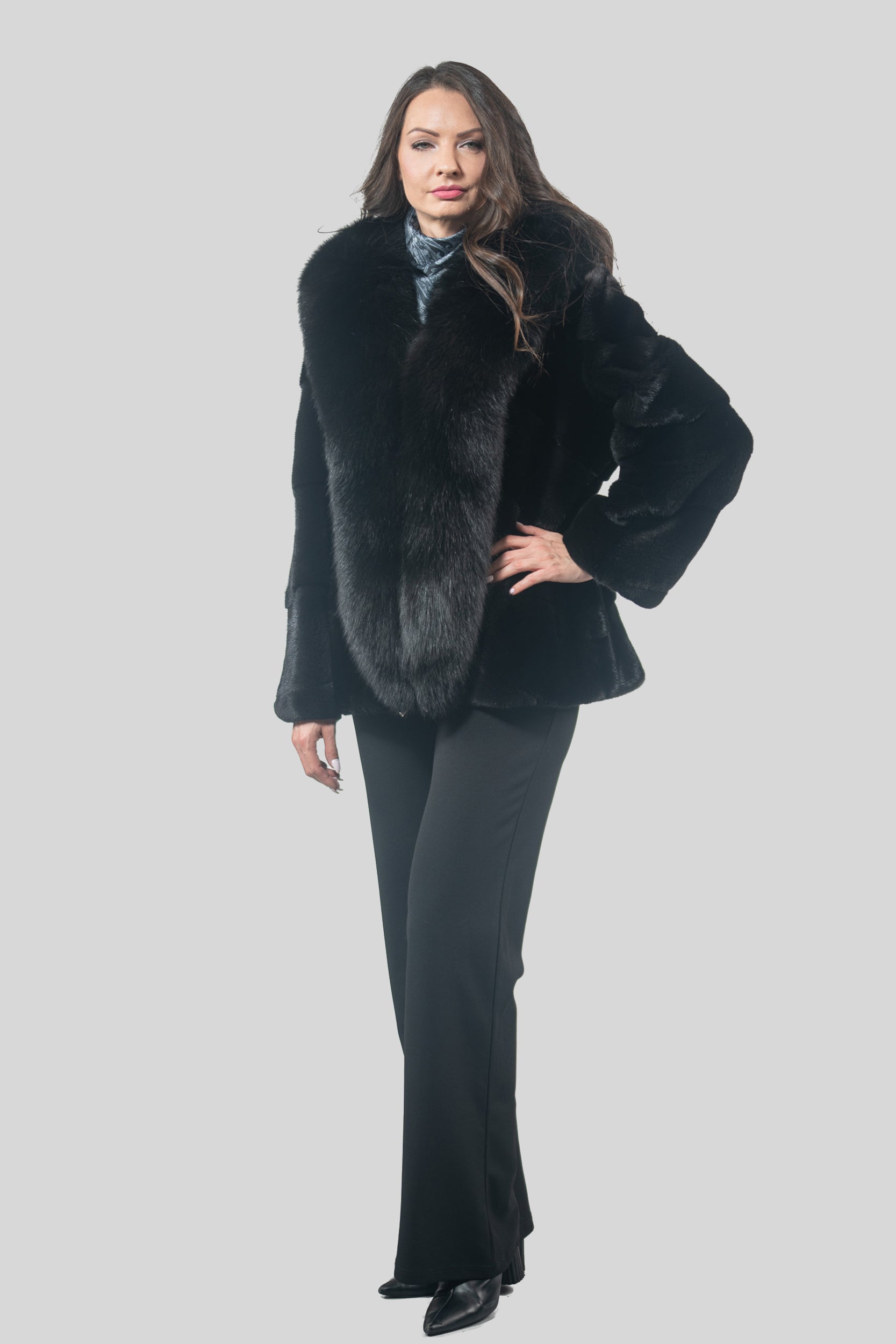 Black Mink Jacket with Fox Trim A/K19C123