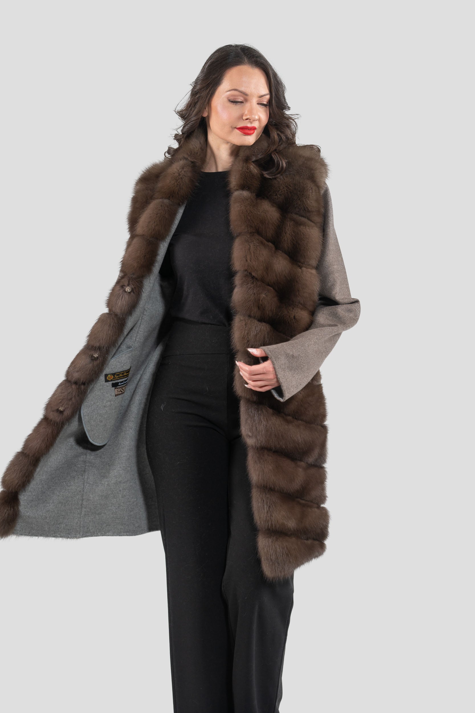 Brown Grey Cashmere Half Coat with Baumarten Trim 17c8003