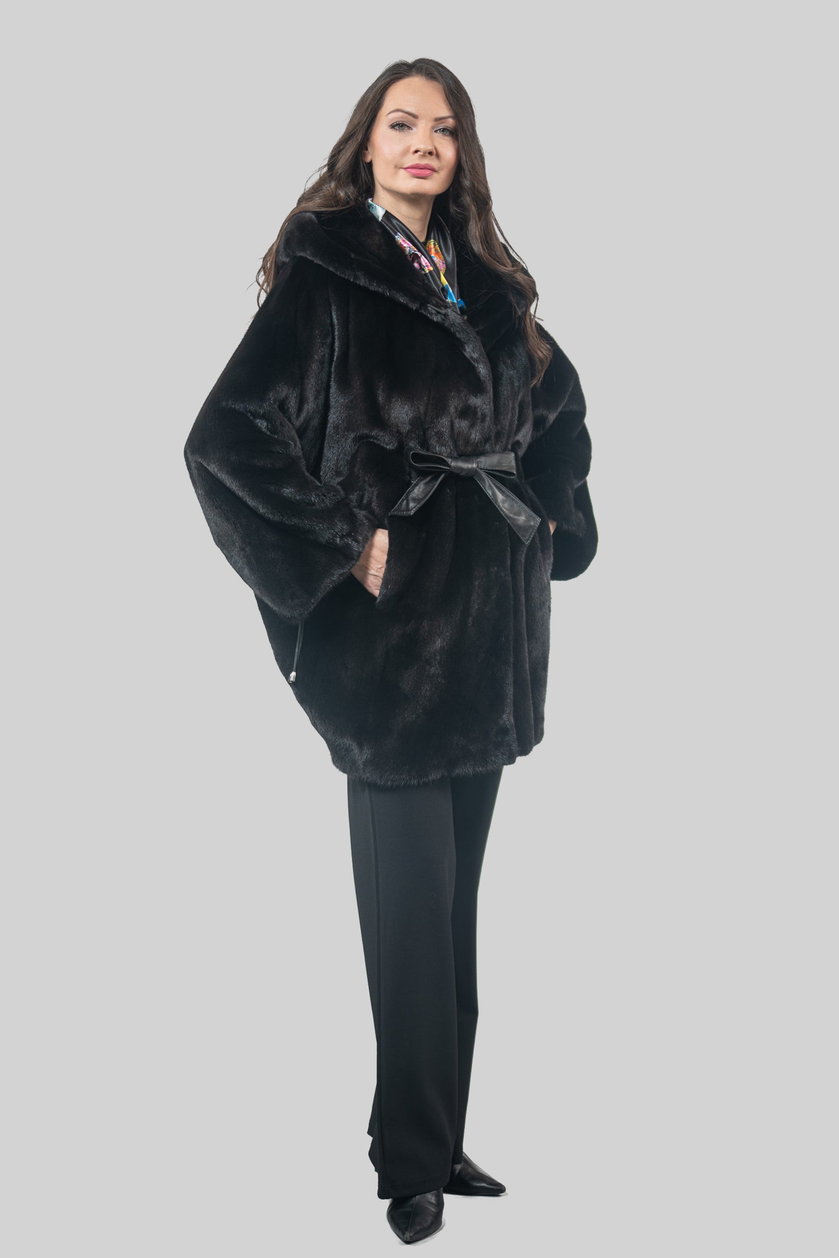 Blackglama Mink Hooded Let-Out Half Coat L/O18M011H