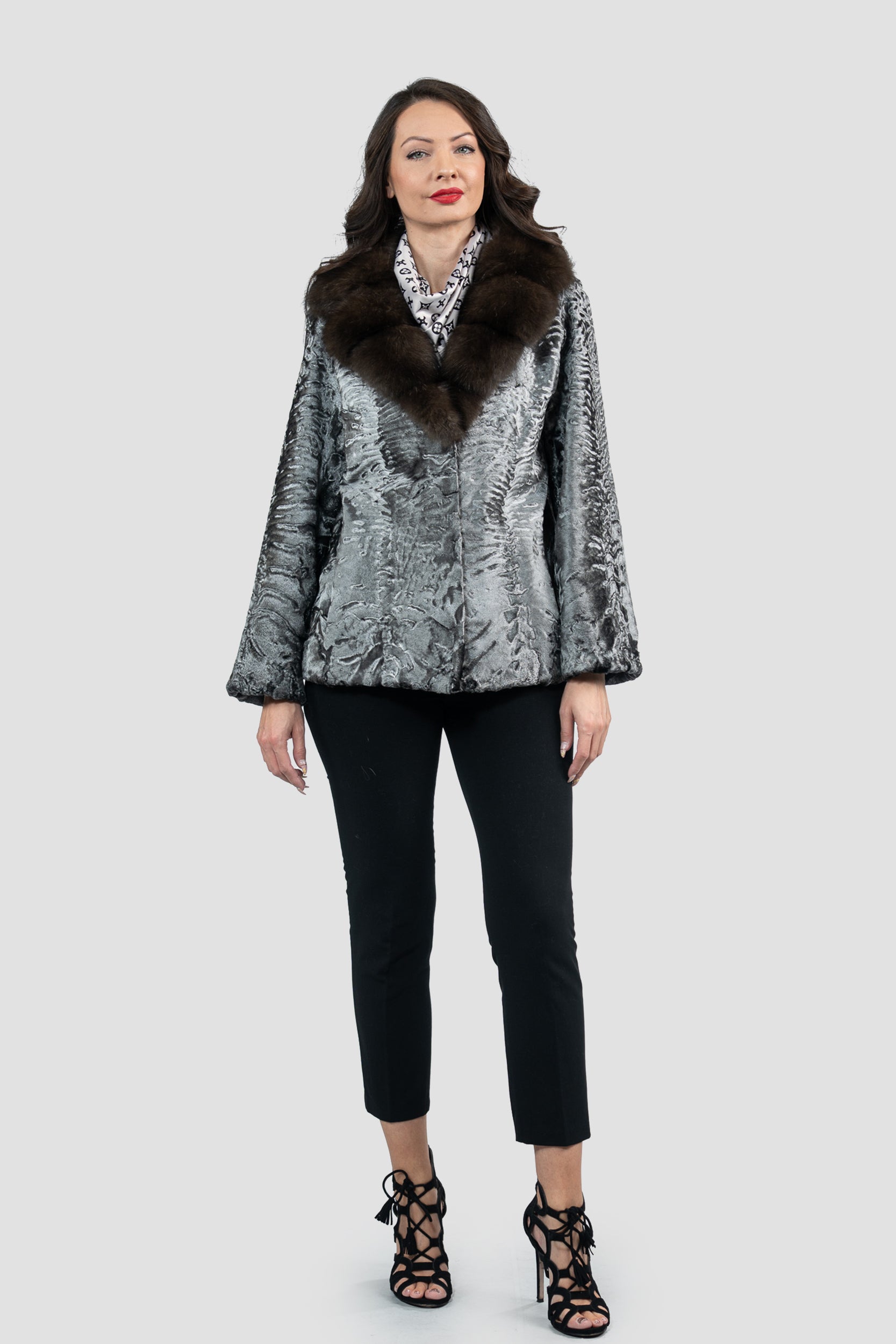 Silver Swakara Jacket with Russian Sable Notch Collar S/S13C528