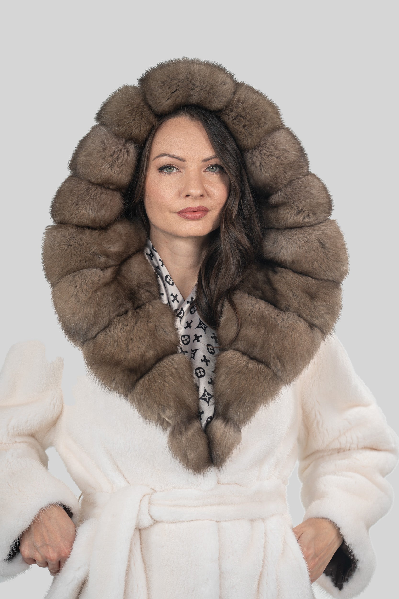 Pearl Mink Half Coat With Russian Sable Hood L/O13C978