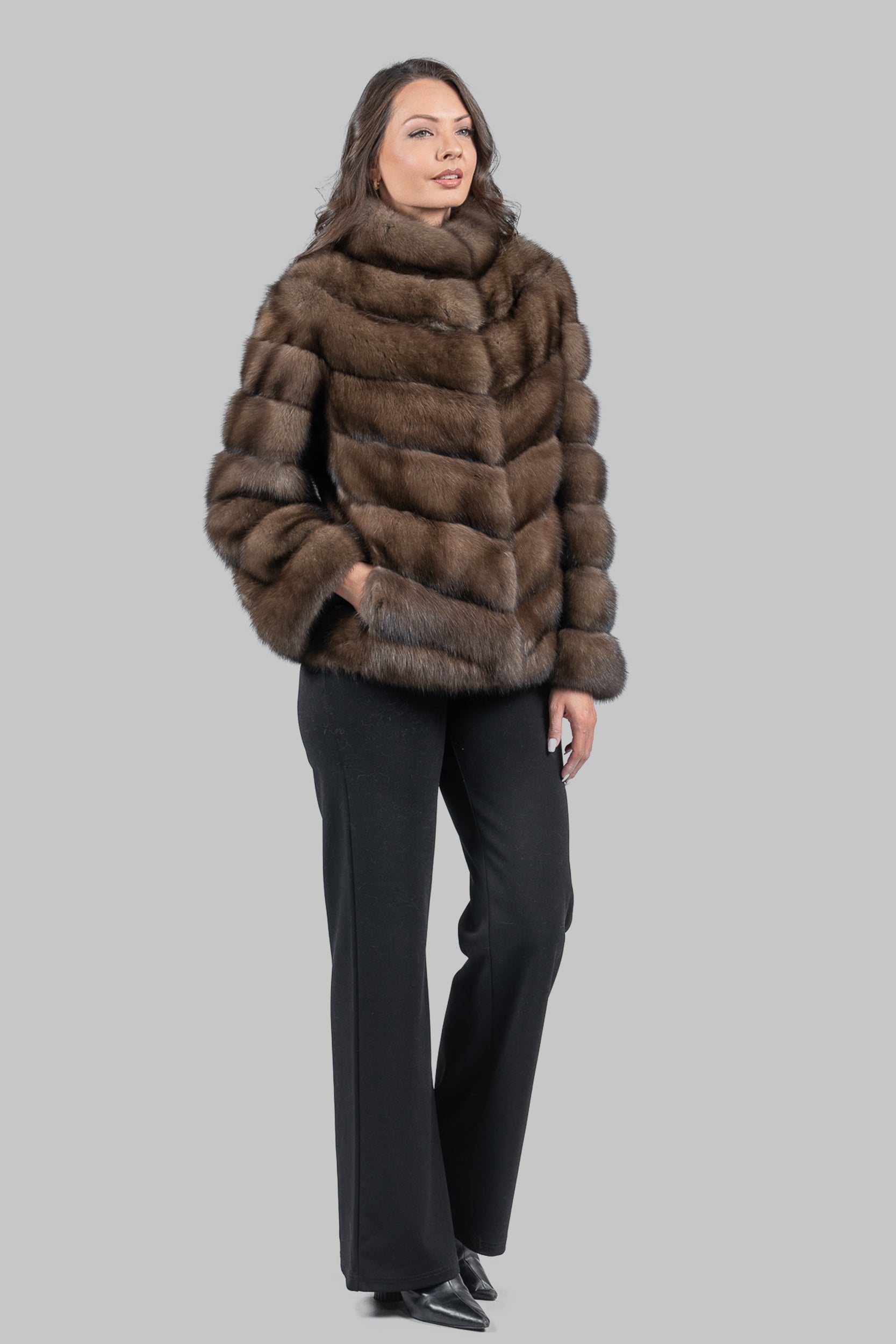 Graphite Russian Sable Chevron Jacket with Stand Collar V/K13C528