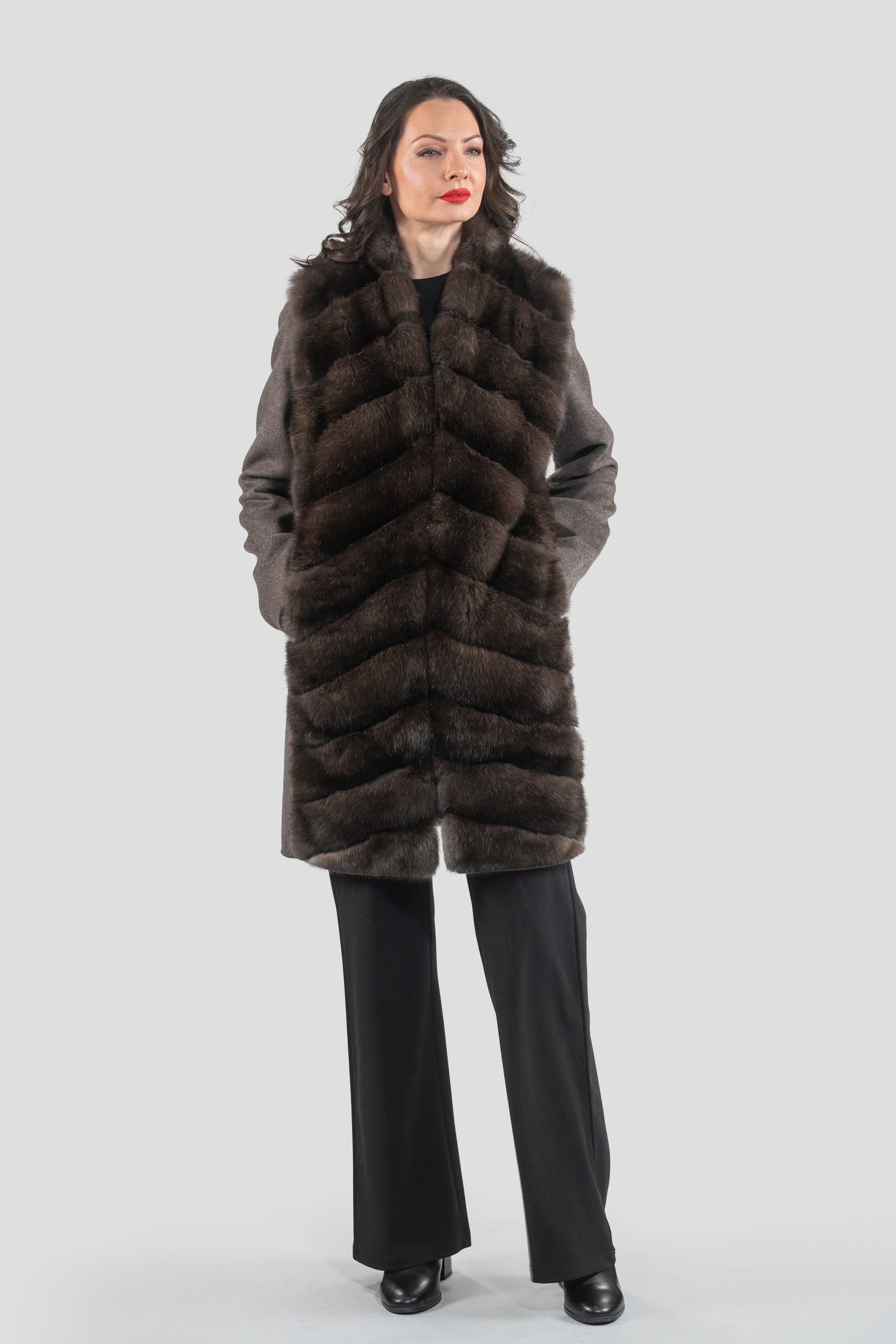 Brown Grey Cashmere Half Coat & Vest with Russian Sable Trim 17C8003s