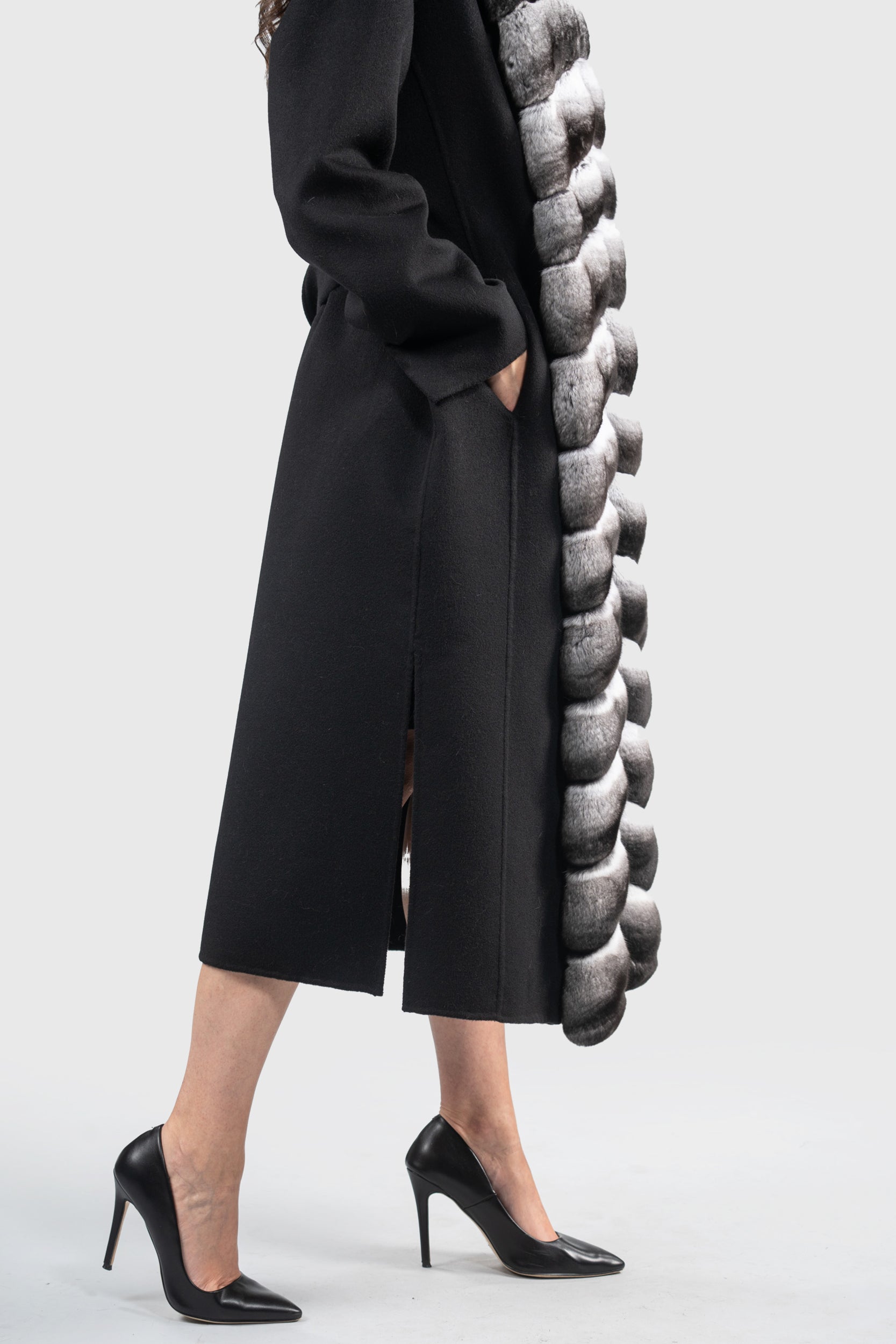 Black Cashmere Coat with Chinchilla Trim 21C3321