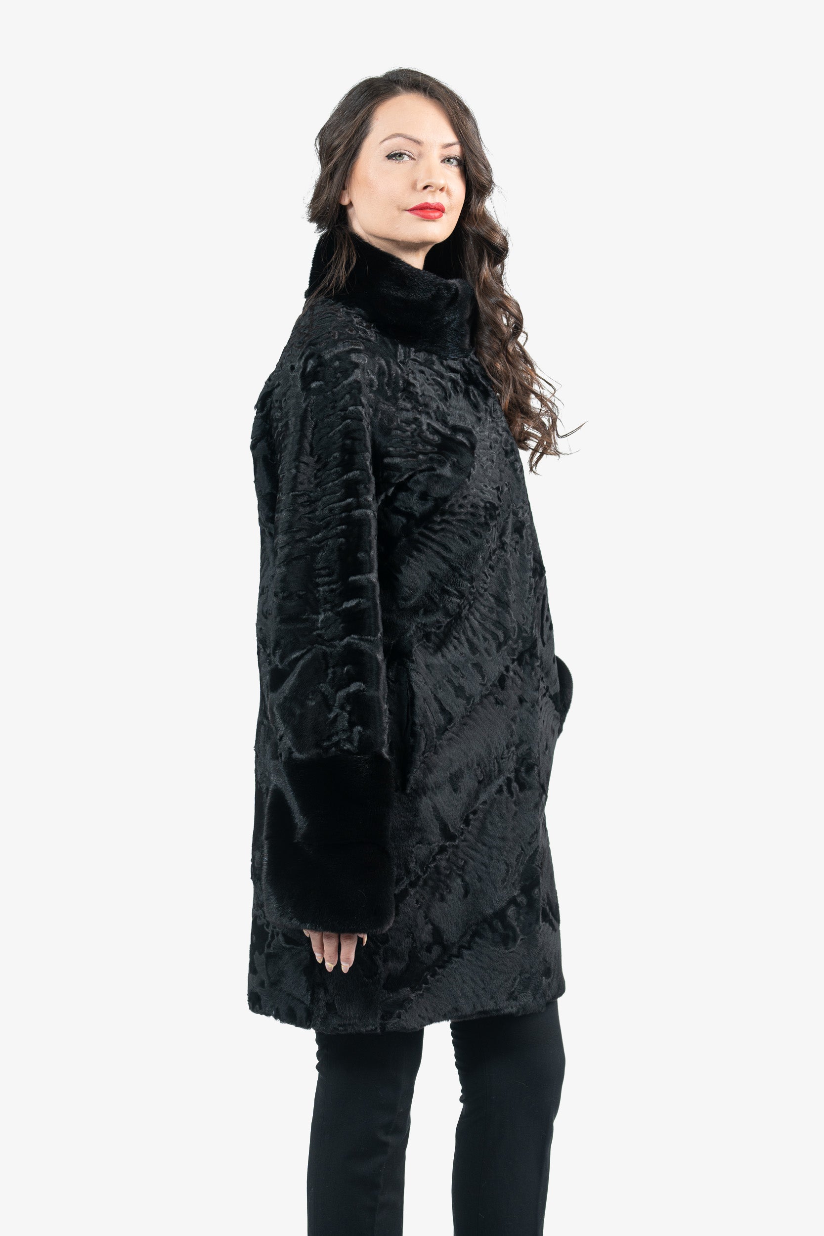 Black Swakara Half Coat With Mink Trim A/K13C530
