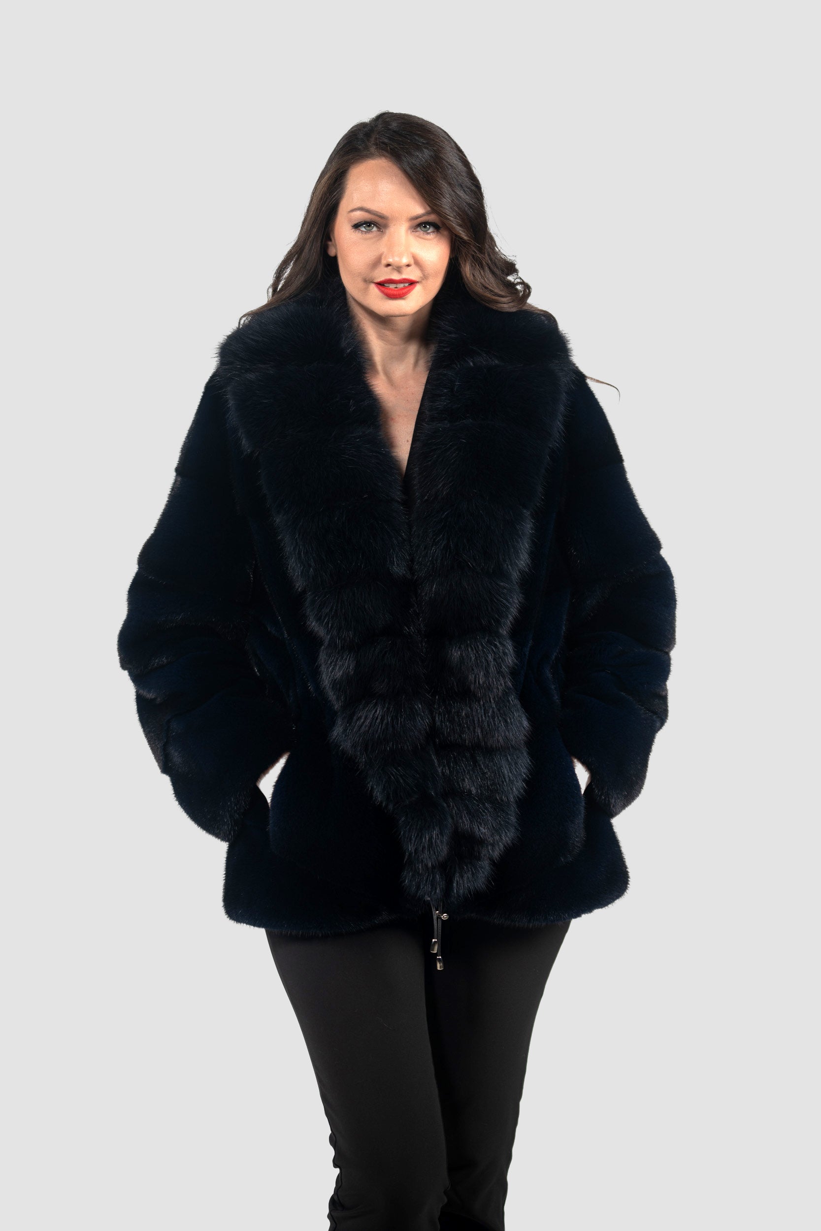Blue Black Mink Half Coat with Extended Baumarten Shawl Collar V/K19C123
