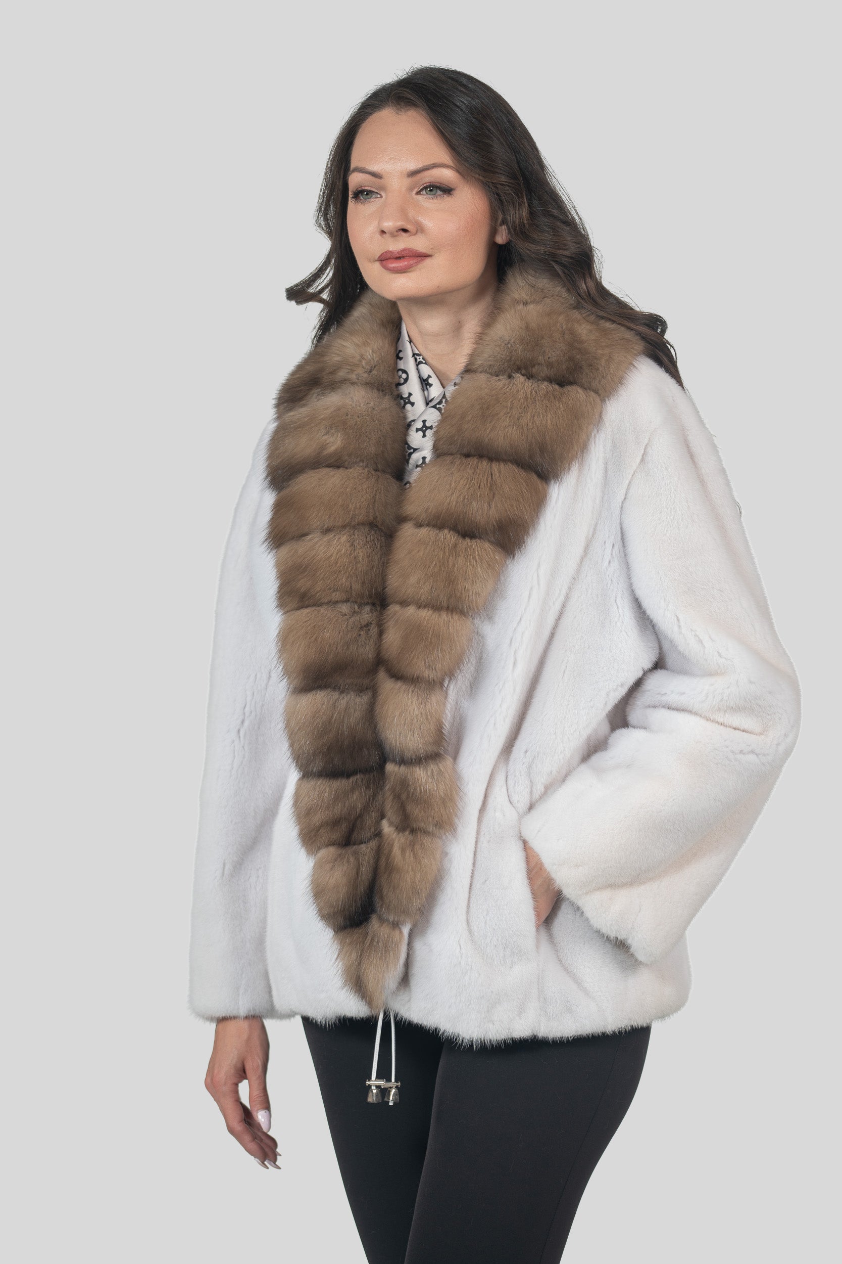 White Mink Jacket with Russian Sable Trim L/O19C123